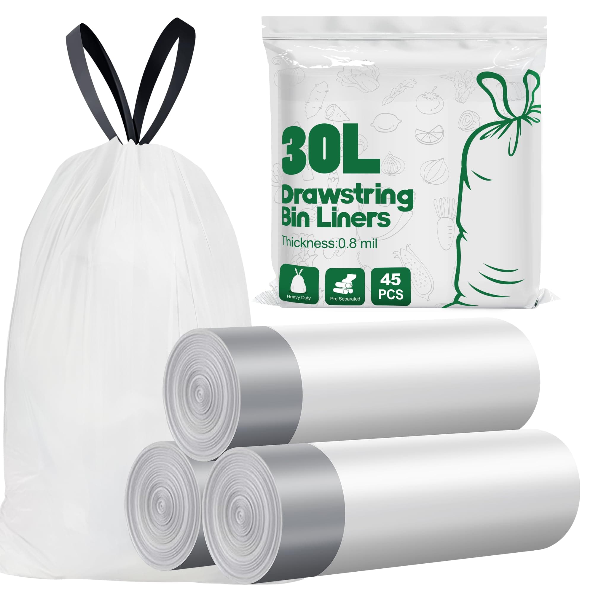 Yolaist Müllbeutel, 30 l, 20 um stark, hoch, Küche, Tretmüllbeutel, 45 Stück, weiß, 30 l Müllbeutel mit Bindegriff, dick, schnelle Dosierung Angebot bei HelloDeals