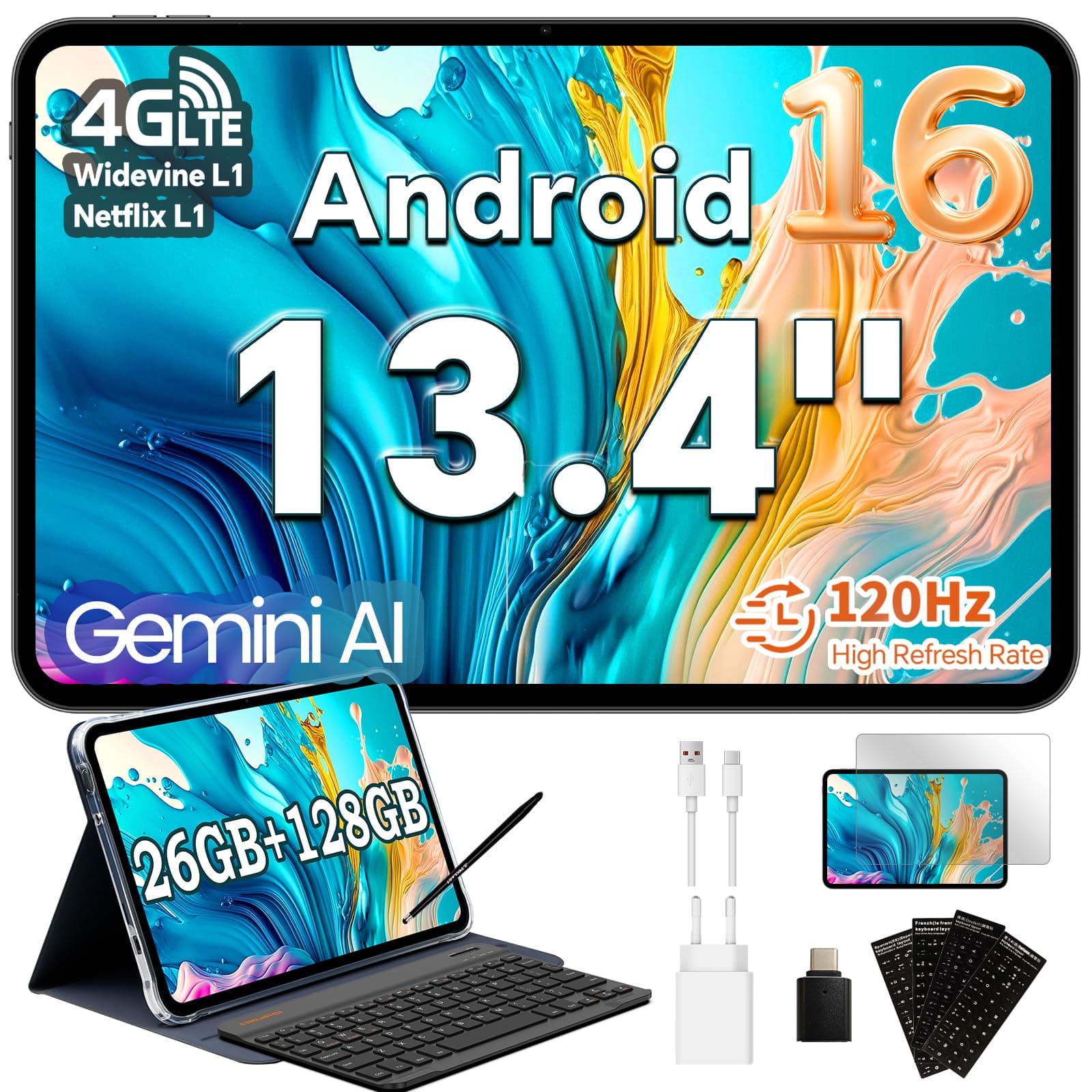 TECLAST Tablet 13,4 Zoll 120Hz Display, Android 16 Gaming Tablets T65CASE, 4G LTE Dual SIM, 26GB RAM+128GB ROM(4TB TF), GPS, Widevine L1, Gemini AI Tablets mit Tastatur, Hülle, Stift, OTG Standard Grey Angebot bei HelloDeals