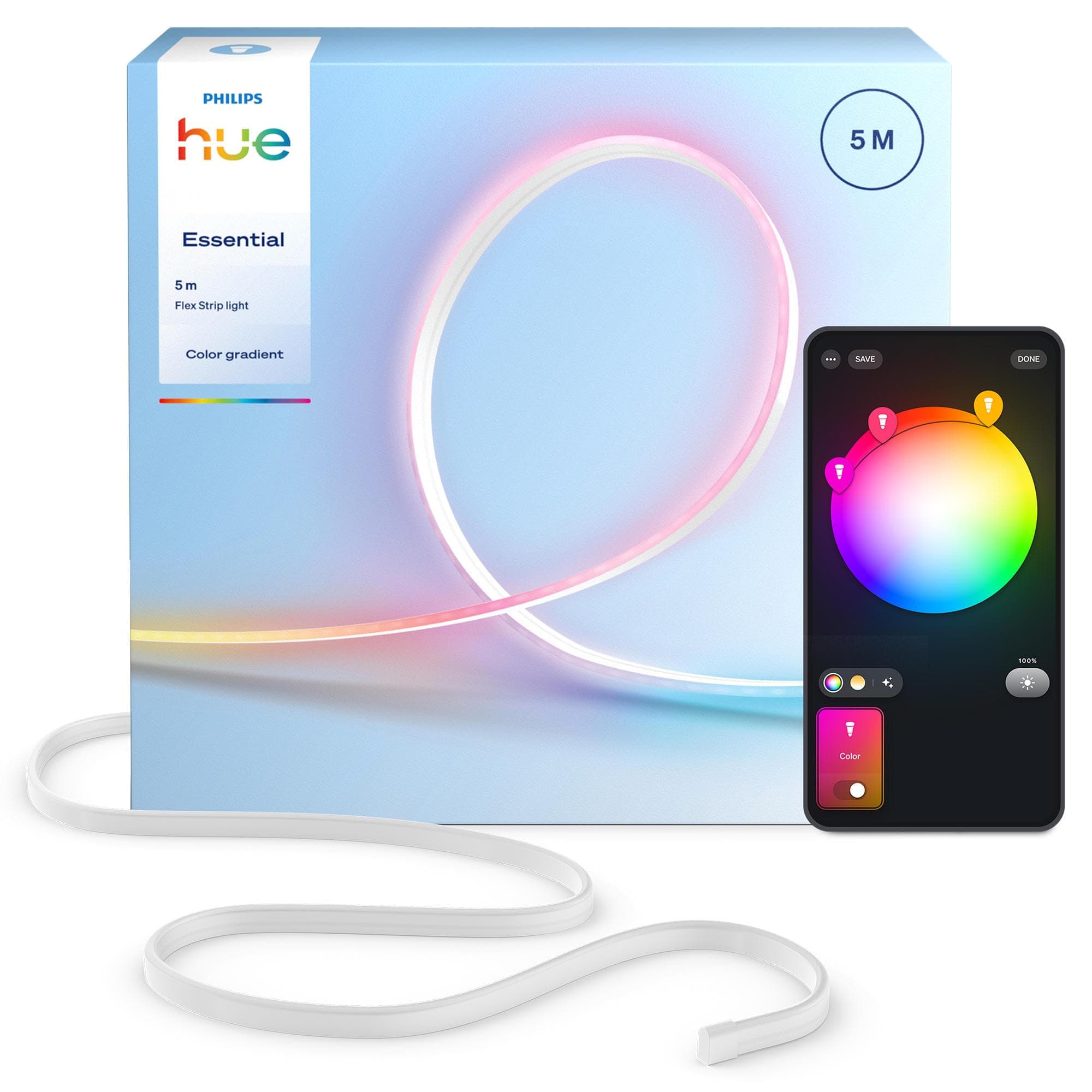 Hue Essential 5-Meter-LED-Flex-Lightstrip, RGBIC, lebendige Farben, flexible Innenbeleuchtung, einfache Installation, App- und Sprachsteuerung, kompatibel mit Alexa, Google Assistant und Apple Home 5m Angebot bei HelloDeals