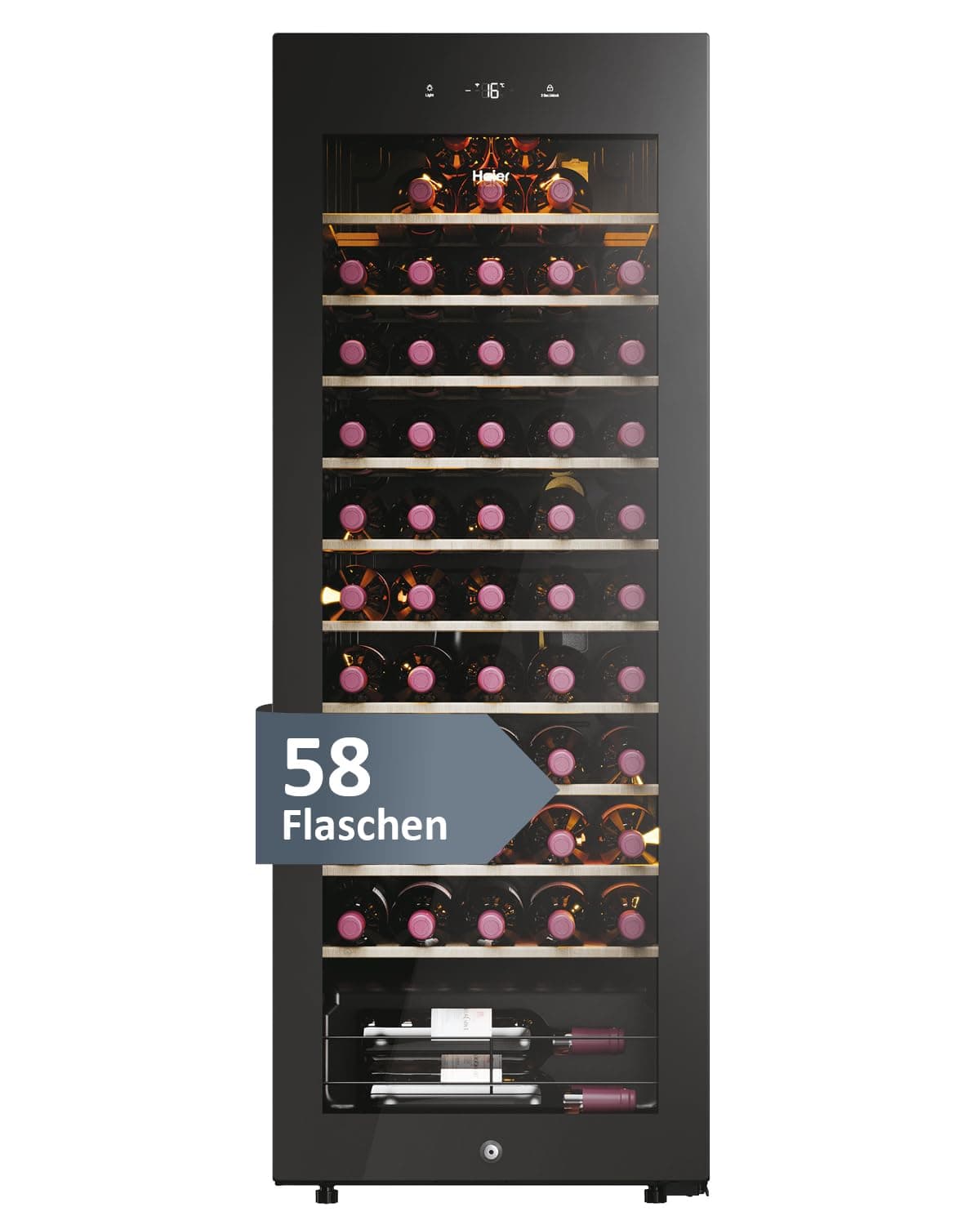 Haier Weinkühlschrank 50 SERIE 3 HWS58GGH1 I Weinklimaschrank für 58 Flaschen I Moderner Wine Fridge mit UV-Glastür & 10 Holzregalen I Wine Cooler mit Wi-Fi & Touch-Display I Vibrationsarme Lagerung Angebot bei HelloDeals
