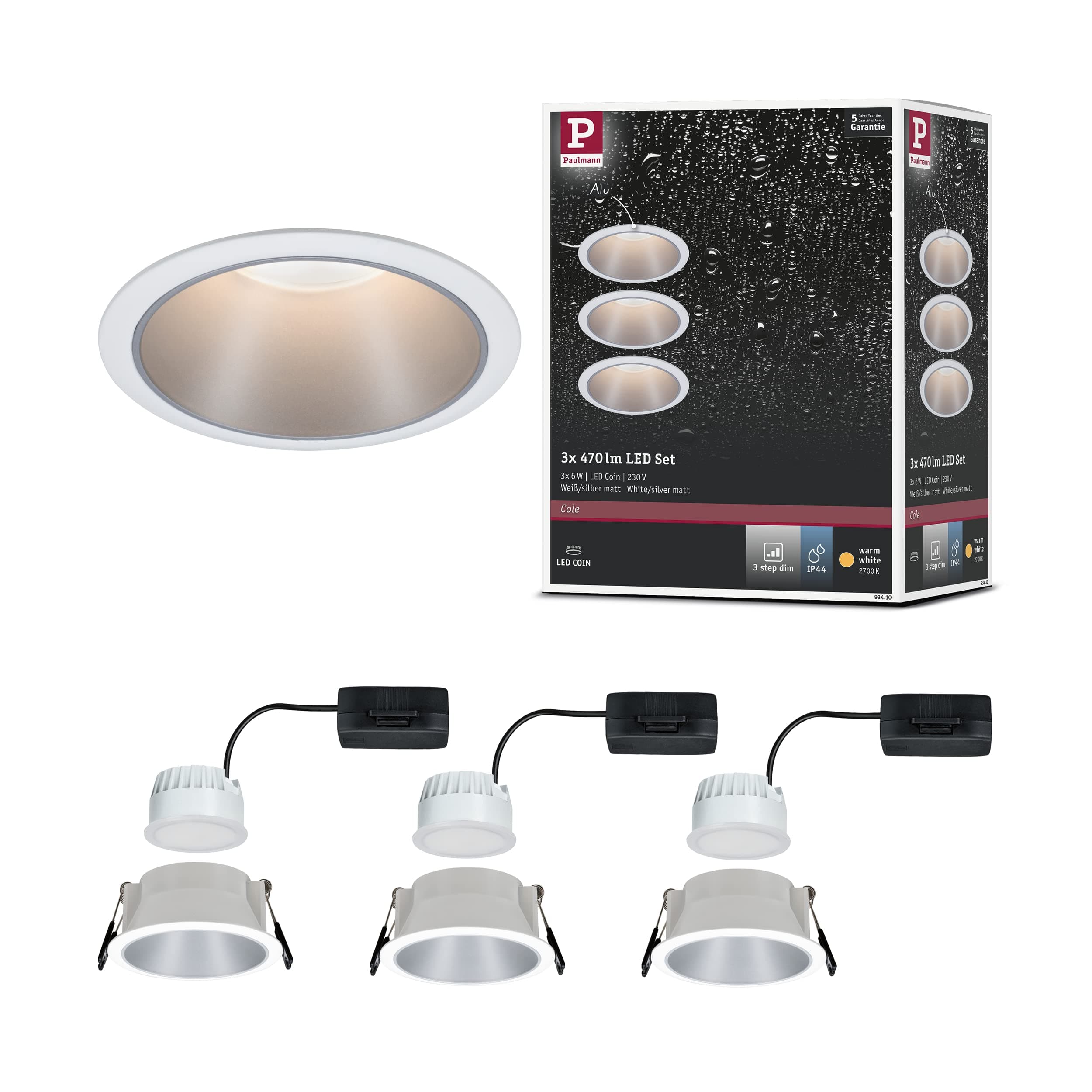 Paulmann 93410 LED Einbauleuchte Cole rund incl 3x6,5W dimmbar Einbaustrahler Weiß, Silber Einbaulampe Kunststoff, Alu Zink Deckenspot 2700K Weiß / Silber 3er-Set 3er Set Angebot bei HelloDeals