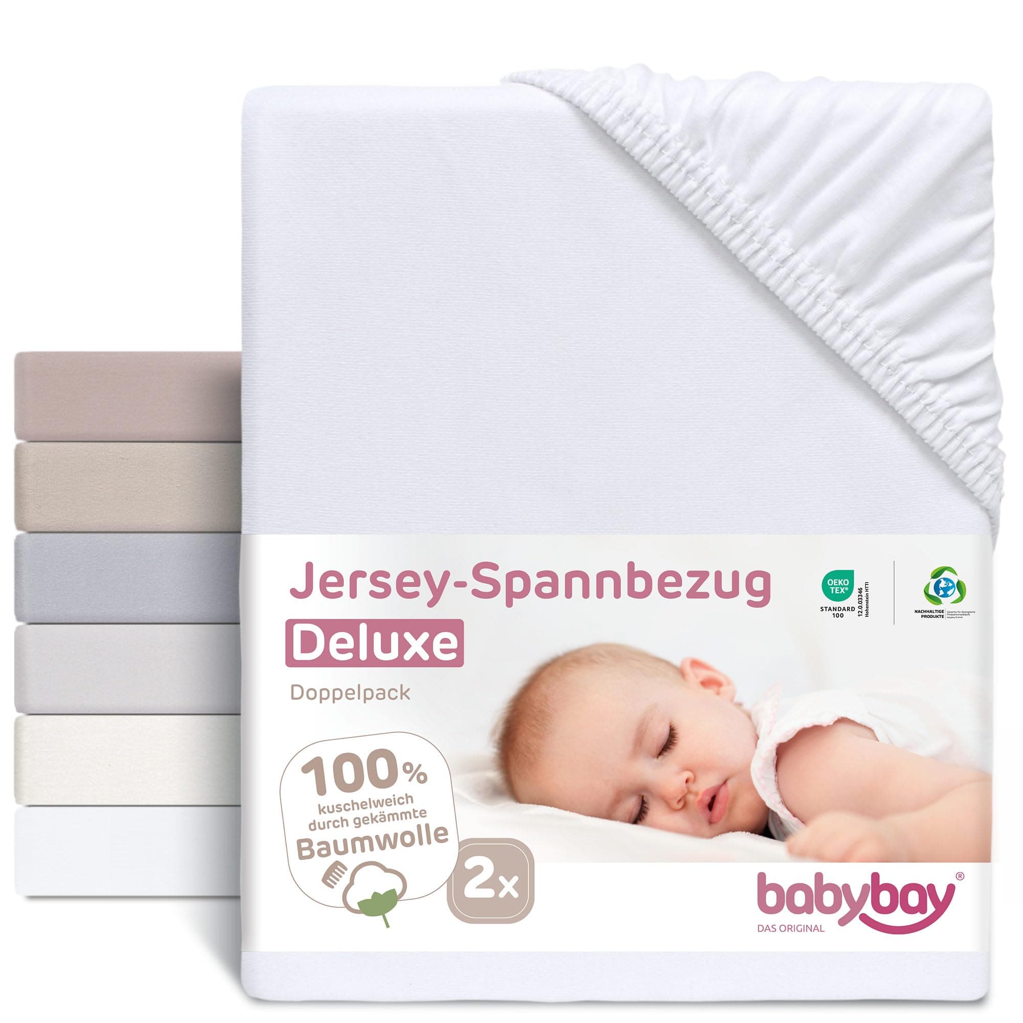 babybay Jersey Spannbetttuch Deluxe Doppelpack passend für die Modelle Maxi, Midi, Boxspring, Comfort und Comfort Plus, weiß, 89 x 50 cm (Doppelpack) Weiß für Modelle Maxi, Midi, Boxspring, Comfort Plus Deluxe Doppelpack Angebot bei HelloDeals