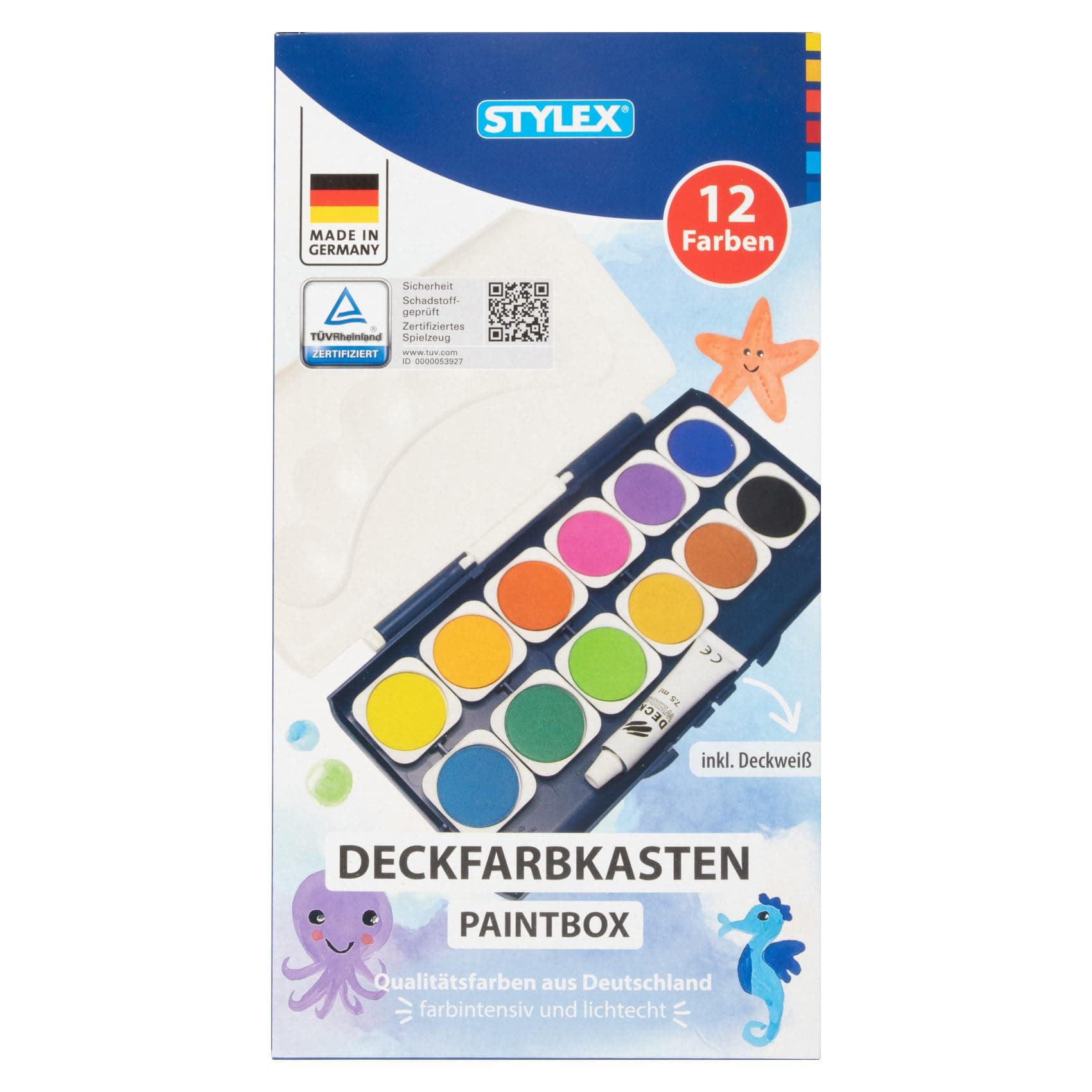 Stylex 28178 - Deckfarbkasten mit 12 Wassermalfarben und einer Tube Deckweiß, Wasserfarbkasten mit abnehmbarem Deckel und 6 Mischfeldern 12 Farben Angebot bei HelloDeals