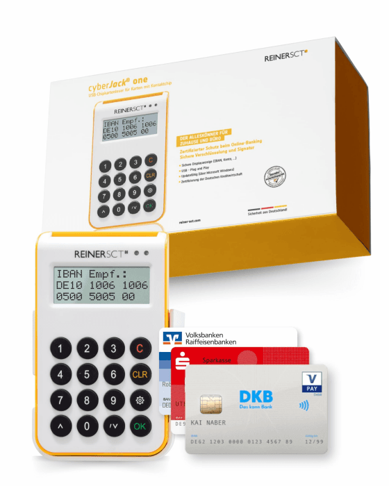 REINER SCT cyberJack one Chipkartenleser für Online-Banking | Unterstützt HBCI/FinTS, EBICS und elektronische Signaturen. Mit USB-Anschluss und TAN-Funktion. Single Angebot bei HelloDeals