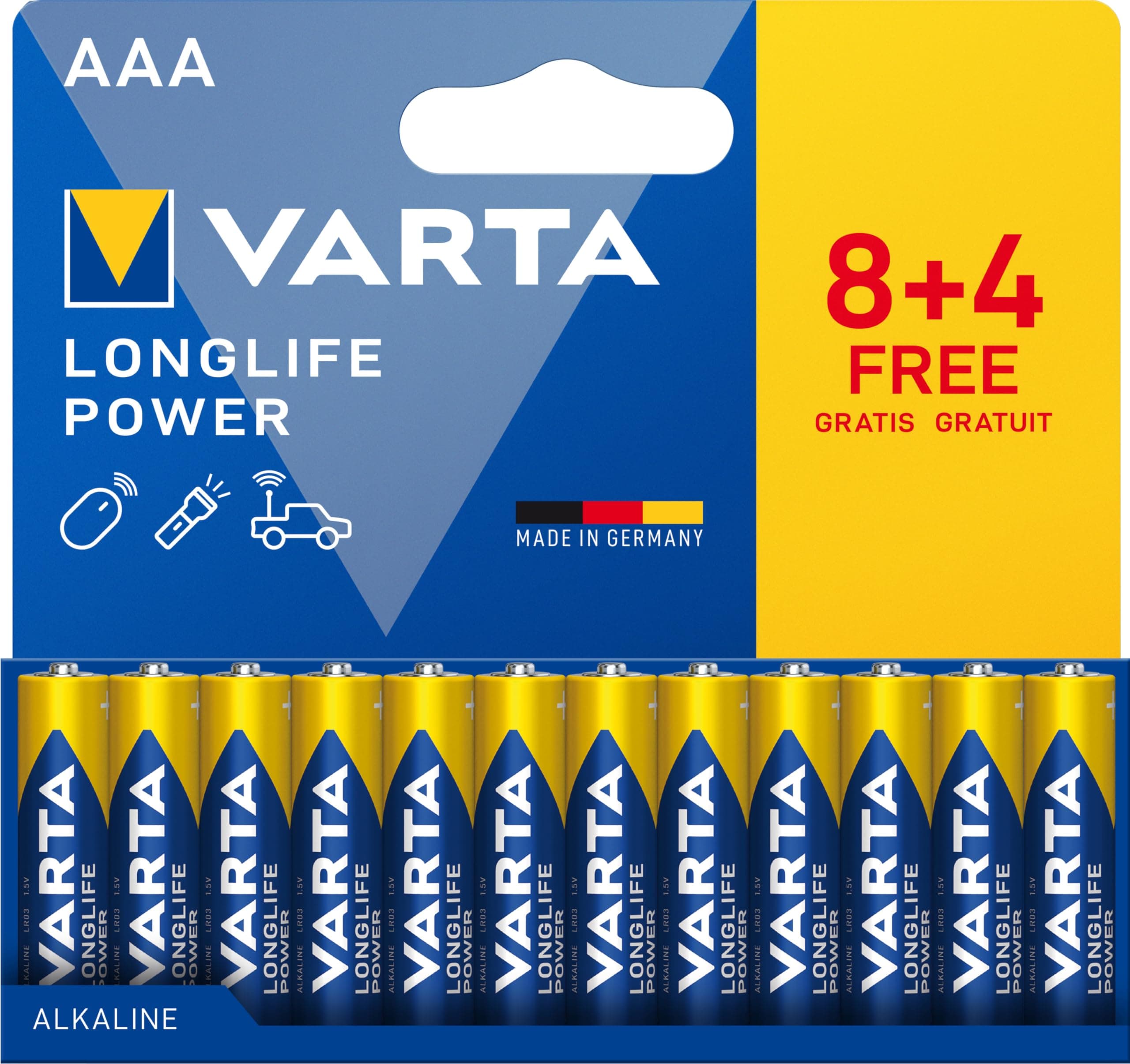 VARTA Batterien AAA, 12 Stück (8+4), Longlife Power - Alkaline Micro Batterien LR03 mit 1,5 V - Made in Germany - für energieintensive Geräte Angebot bei HelloDeals