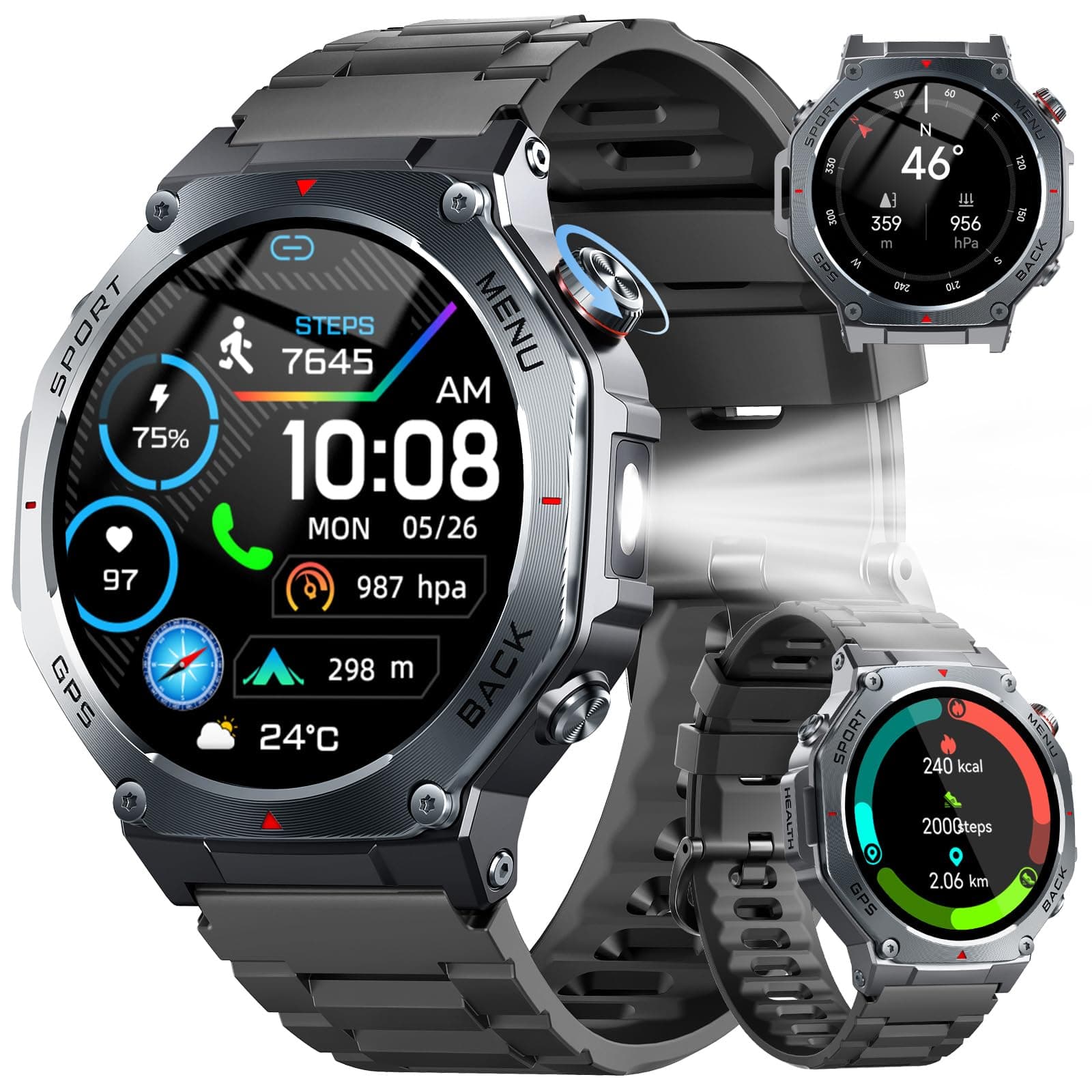 Smartwatch Herren GPS , 2026 Militär Fitnessuhr Sportuhr, 1.43''Fitness Tracker Smart Watch mit 24/7 Herzfrequenz/Schlafmonitor/Schrittzähler, 5ATM Wasserdicht, 170+ Sportmodi Outdoor für iOS Android A-Schwarz Angebot bei HelloDeals