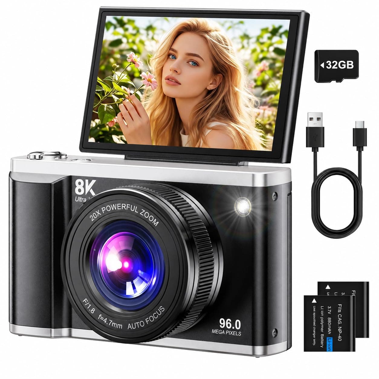 Digitalkamera 8K 96MP mit WLAN, 20X Digitalzoom, Autofokus-Fotokamera mit Anti-Shake, 3,5'' 180° Klappdisplay Kompaktkamera mit 32GB SD-Karte & 2 Akkus für Jugendliche, Erwachsene und Einsteiger black Angebot bei HelloDeals