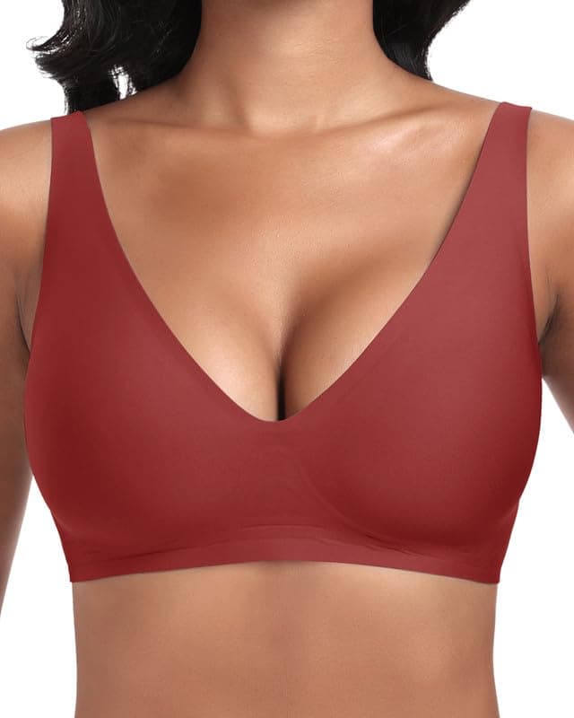Jiuday Tiefer V Push Up BH Damen ohne Bügel Bequemer Jelly BH für Große Brüste Starker Halt Seamless Soft Bra Bügelloser Gepolstert Glatter Nahtloser Bralette #1 Rot L Angebot bei HelloDeals