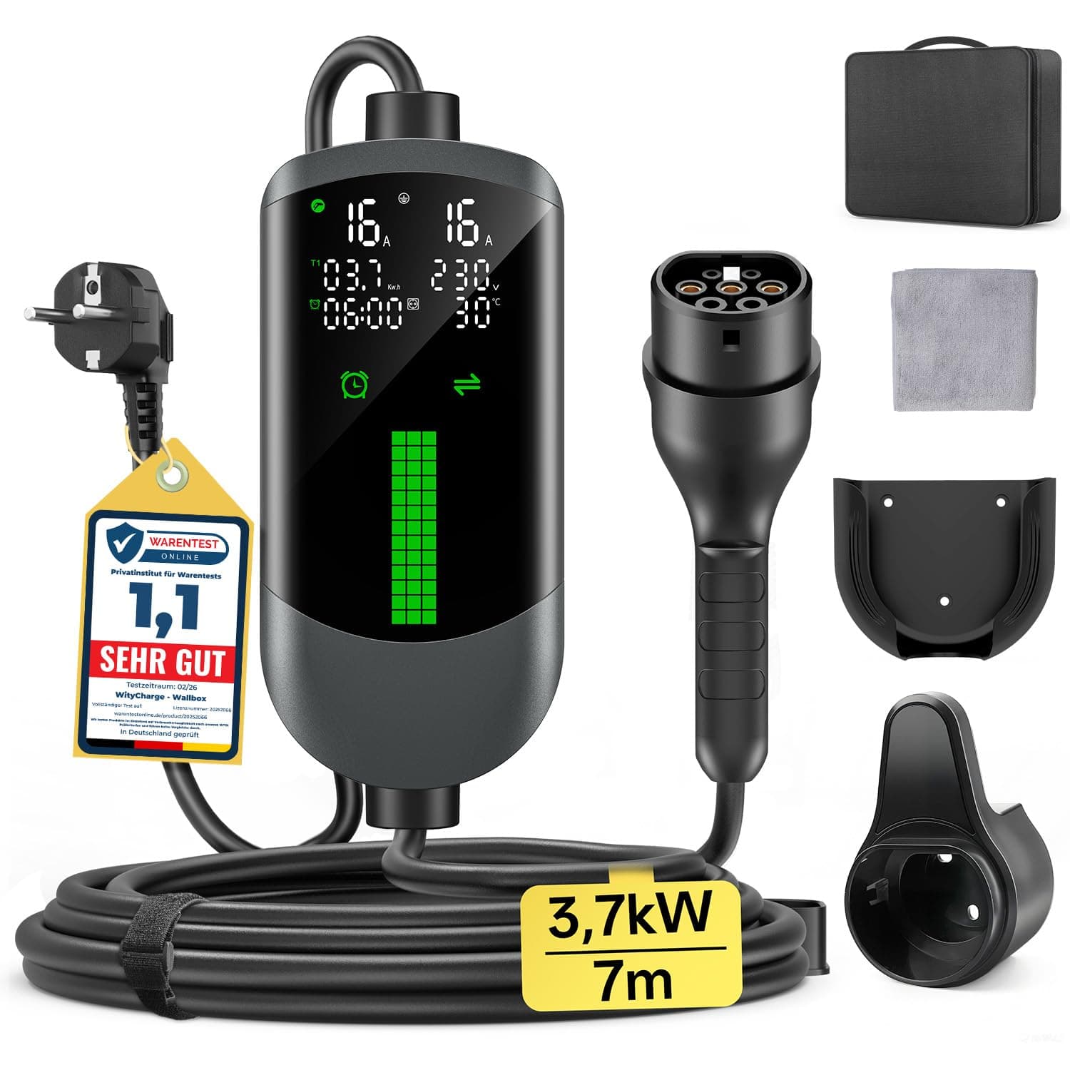Typ 2 Ladekabel Schuko 3,7kW - 7m|6-16A|1-phasig Tragbare Ladekabel Auto, Einstellbarer Ladeleistung, Einstellung Startzeit, LCD-Anzeige, IP65 Wasserdicht, für Allen EVs(IEC 62196-2) & PHEVS 7M Schwarz Angebot bei HelloDeals