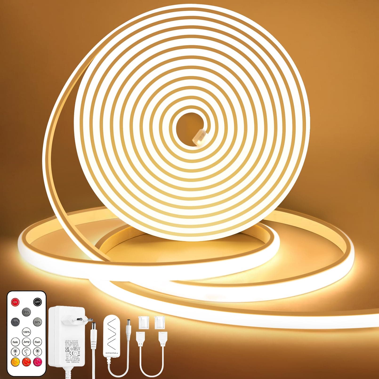 Lamomo COB LED Streifen, Warmweiss Dimmbar 5M LED Strip, Wasserdicht 3000K Neon Led Leiste mit Fernbedienung, 10mm Breit, Silikon Flexibel Lichtleiste für Schlafzimmer Innen Außen Küche Deko, CRI90+ Warmweiss 5M Angebot bei HelloDeals