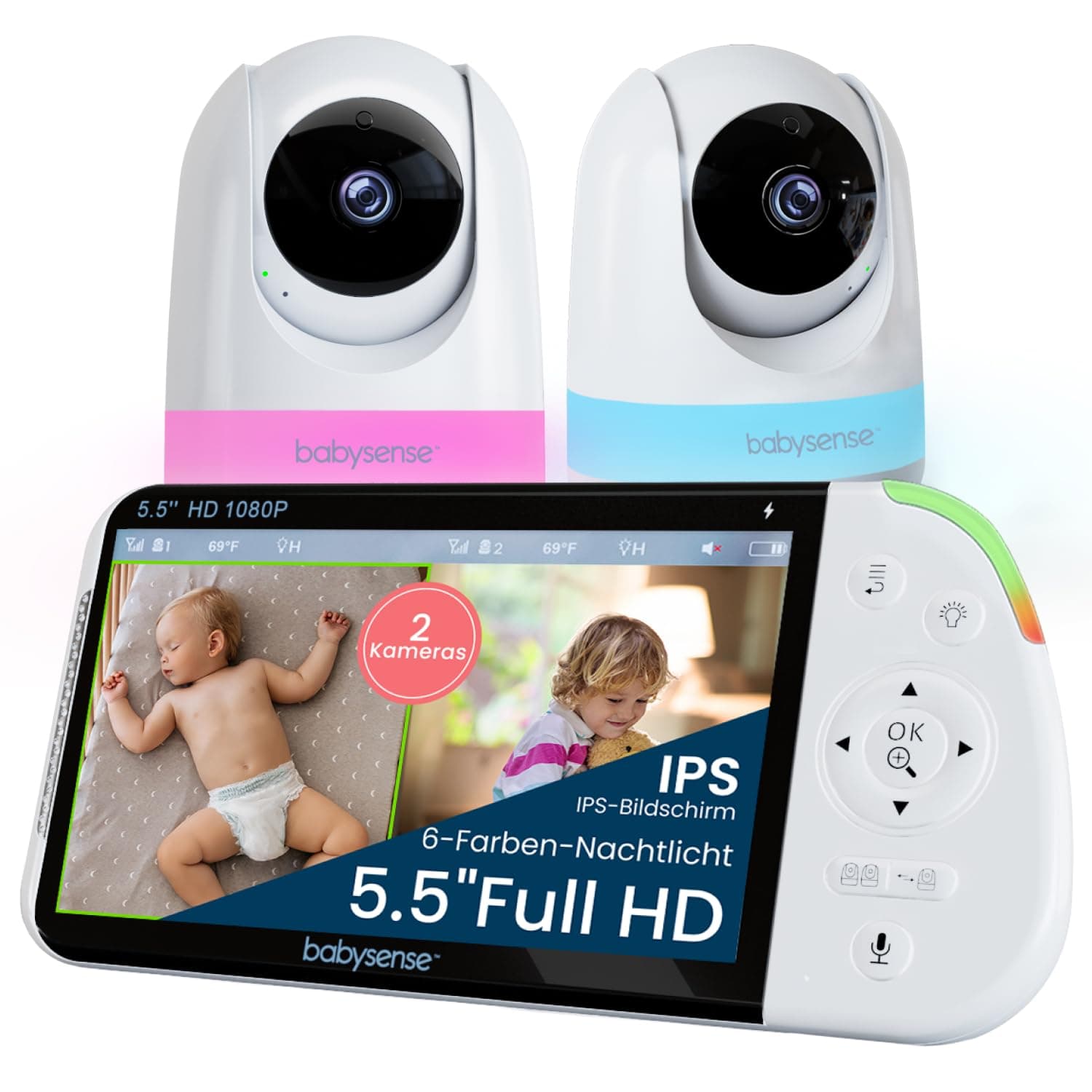 Babysense Full HD Split-Screen-Babyphone mit 2 Kameras, Nachtlicht in 6 Farben, Geräusch- & Lichtmaschine, 20-Stunden-Akku, abhörsichere Verbindung ohne WLAN 5.5 Inch 2 CAM Angebot bei HelloDeals