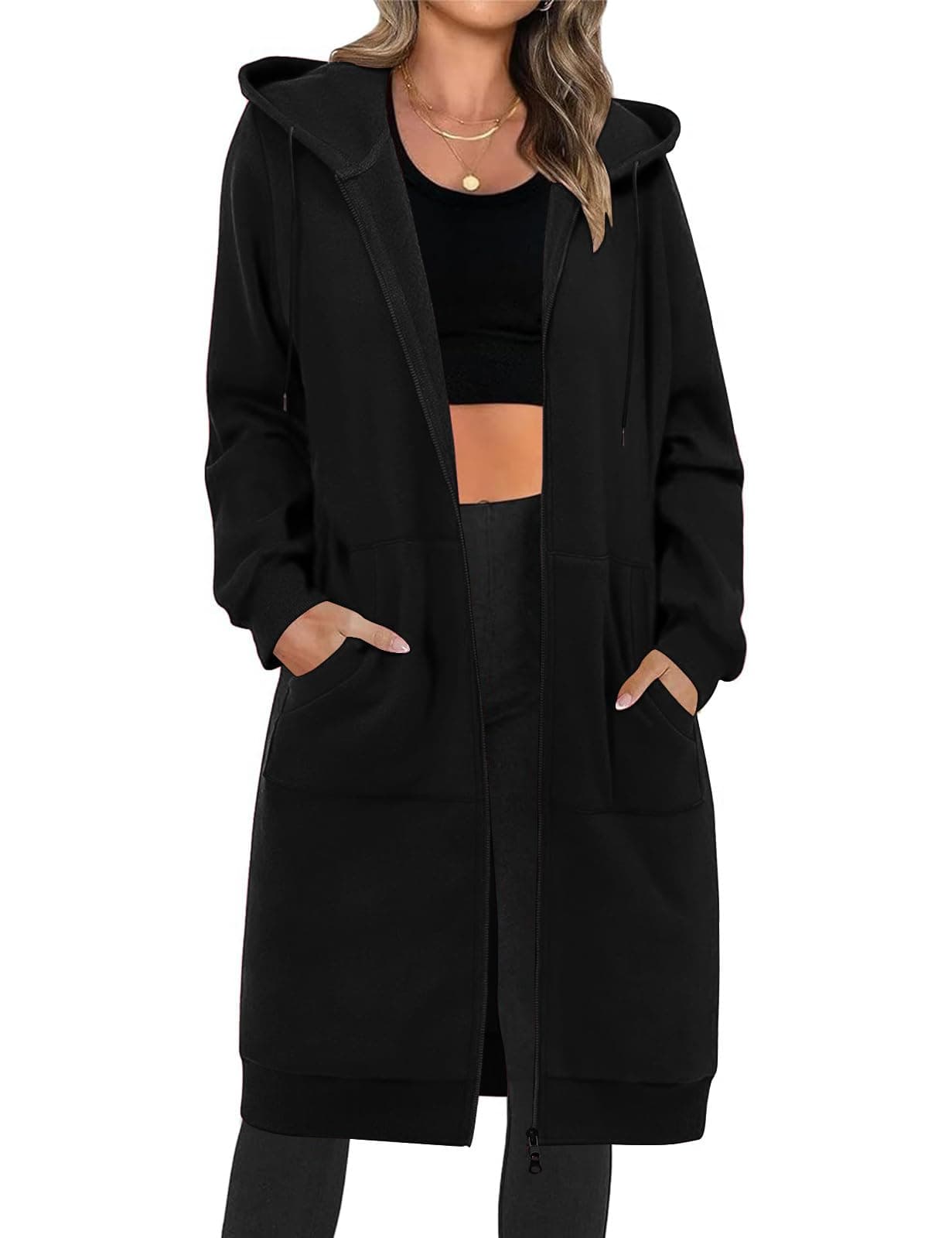 Tuopuda Damen Lange Kapuzenpullover mit Reißverschluss Hoodie Jacke Langarm Herbst Winter Pulli Sweatjacke Sweatshirts Kapuzenpullover Streetwear Strickjacke mit Taschen Schwarz XXL Angebot bei HelloDeals