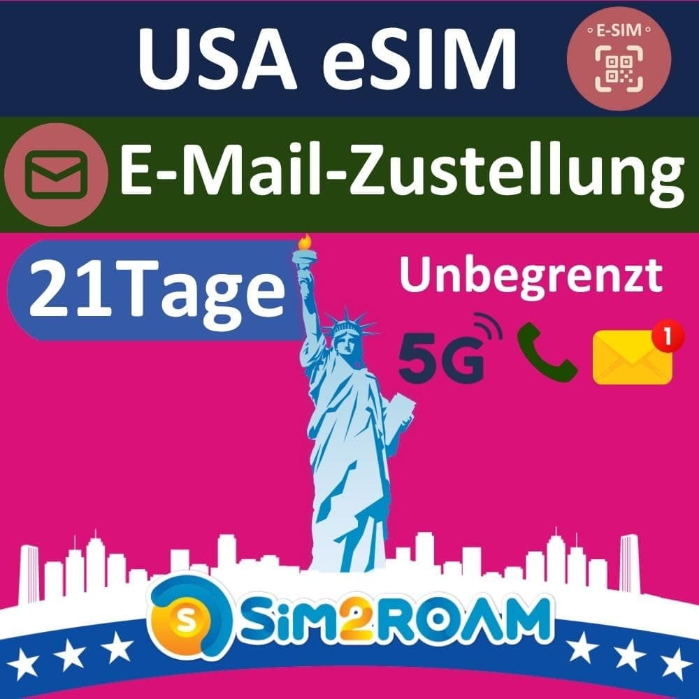 USA Native eSIM Karte, nutzt T-Mobile Netz | 21 Tage | Zeitnahe E-Mail-Zustellung | Unbegrenztes 5G Datenvolumen in den USA, 5GB in Kanada und Mexiko + Unbegrenzte Anrufe und SMS | Keine Roaming-SIM eSIM 21Days (Email delivery) Angebot bei HelloDeals