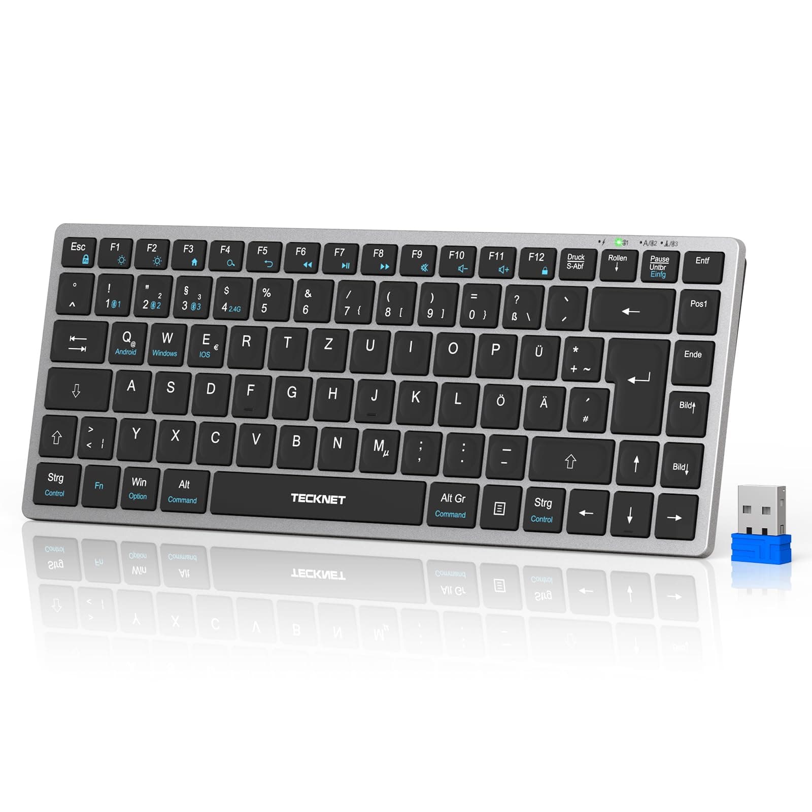 TECKNET Bluetooth Tastatur Kabellos Wiederaufladbare (2,4G+BT5.0) | Einfacher Bis zu 4 Geräten,Funktastatur Mini Tastatur Leise, Deutsches Layout QWERTZ Ultraslim für PC, Laptop, Tablet Silber+schwarz Angebot bei HelloDeals