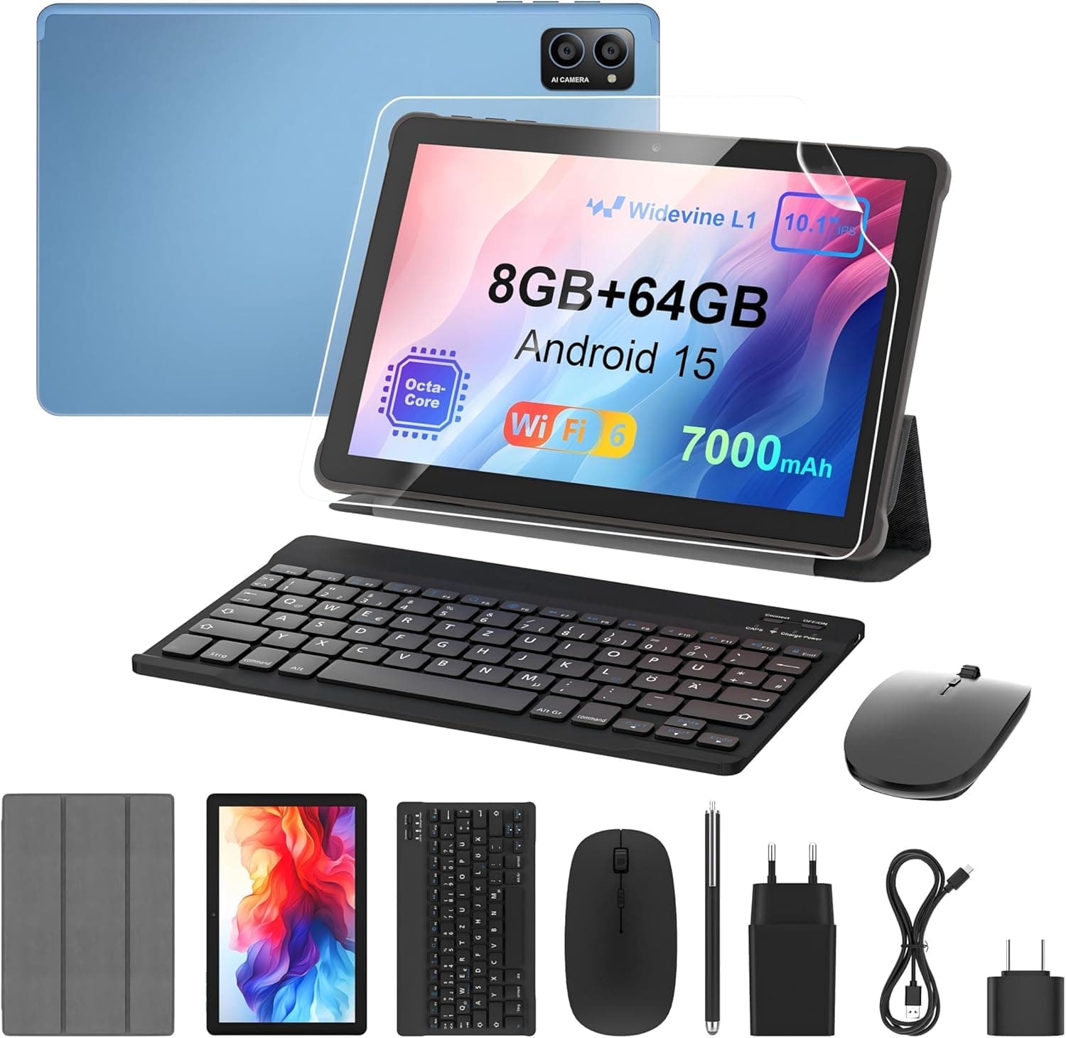 Tablet 10 Zoll Android 15: 2026 Neueste 7000mAh Octa-Core 8GB RAM+64GB 1TB TF Tablet PC WiFi 6 2.4G/5G Bluetooth 5.0 1280 * 800 FHD GMS Dual Kamera mit Tastatur Maus, Typ C, Adapter, Hülle, OTG, Stift Angebot bei HelloDeals