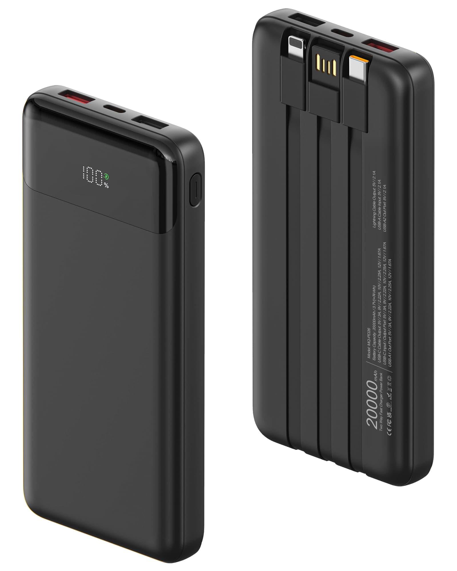 Powerbank 20000 mAh mit Integrierten 3 Kabeln, 22,5 W Schnellladung Power Bank Tragbares Ladegerät PD 3.0 QC 3.0 USB-C EIN- und Ausgang Externe Handyakkus für iPhone, Samsung, und mehr Angebot bei HelloDeals