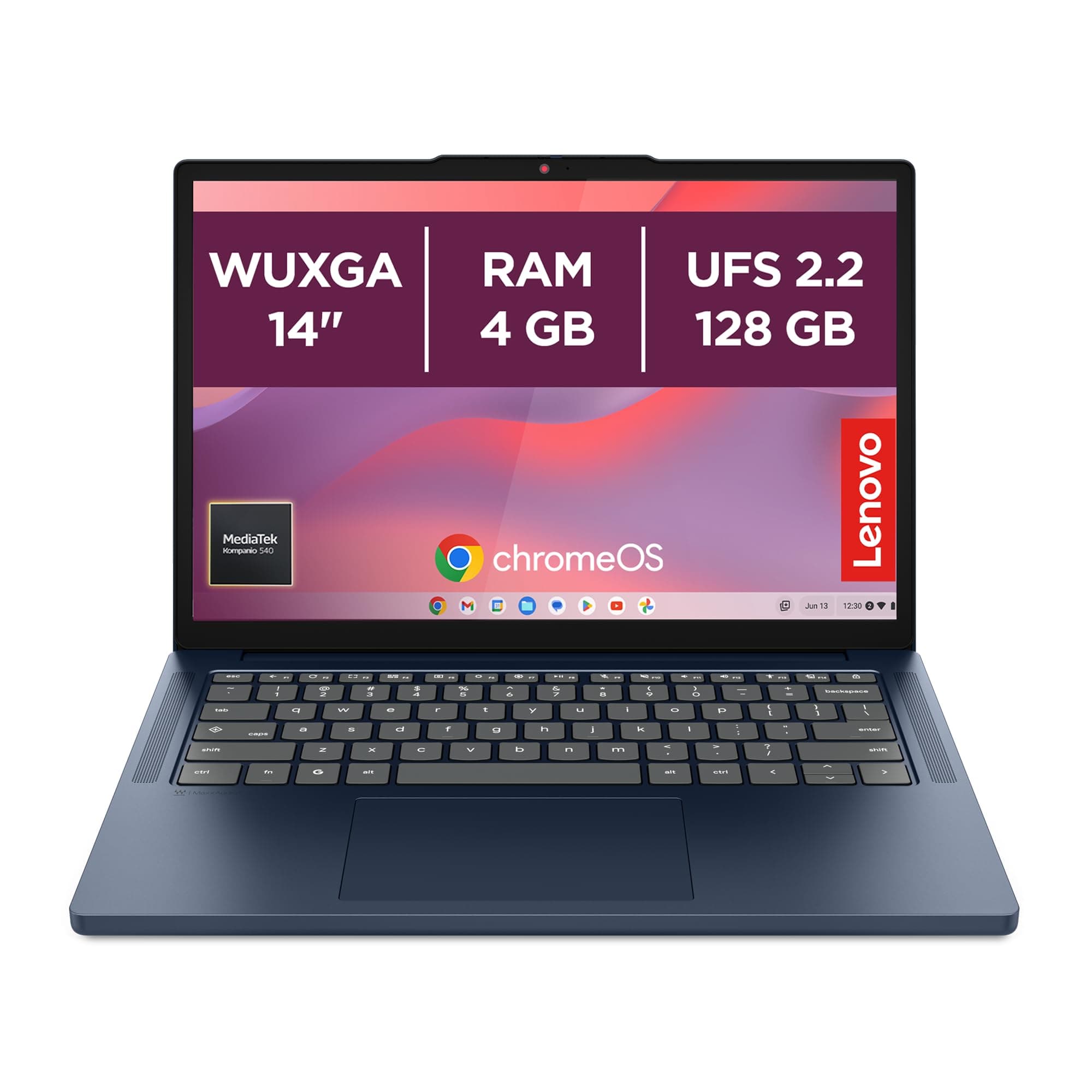 Lenovo Chromebook Laptop | 14" WUXGA Display | MediaTek Kompanio 540 | 4GB RAM | 128GB SSD | ARM Mali-G57 MC3 Grafik | ChromeOS | QWERTZ | exkl. Farbe in Cosmic blau | 3 Monate Premium Care Angebot bei HelloDeals