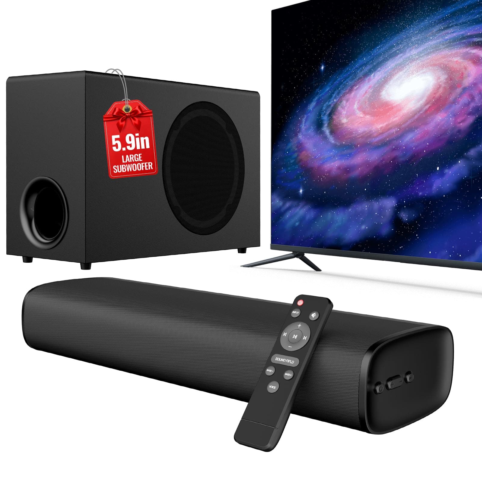 Upgraded Soundbar for TV with 5.9'' Big Powerful 110W Subwoofer, TV Speakers with Deep Bass, Bluetooth 5.3/ARC/Optical/AUX Connect, Surround Sound System for PC/Gaming/Projectors/Gift, 1 Set Schwarz Angebot bei HelloDeals