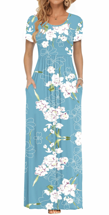AUSELILY Damen Kurzarm Sommer Casual Long Maxi Kleider mit Taschen | Ganzjähriges Tragen, solider Blumendruck, Freizeitkleidung, Empire-Taille, Bodenlänge, Seitentaschen Blumen Hellblau XL Angebot bei HelloDeals