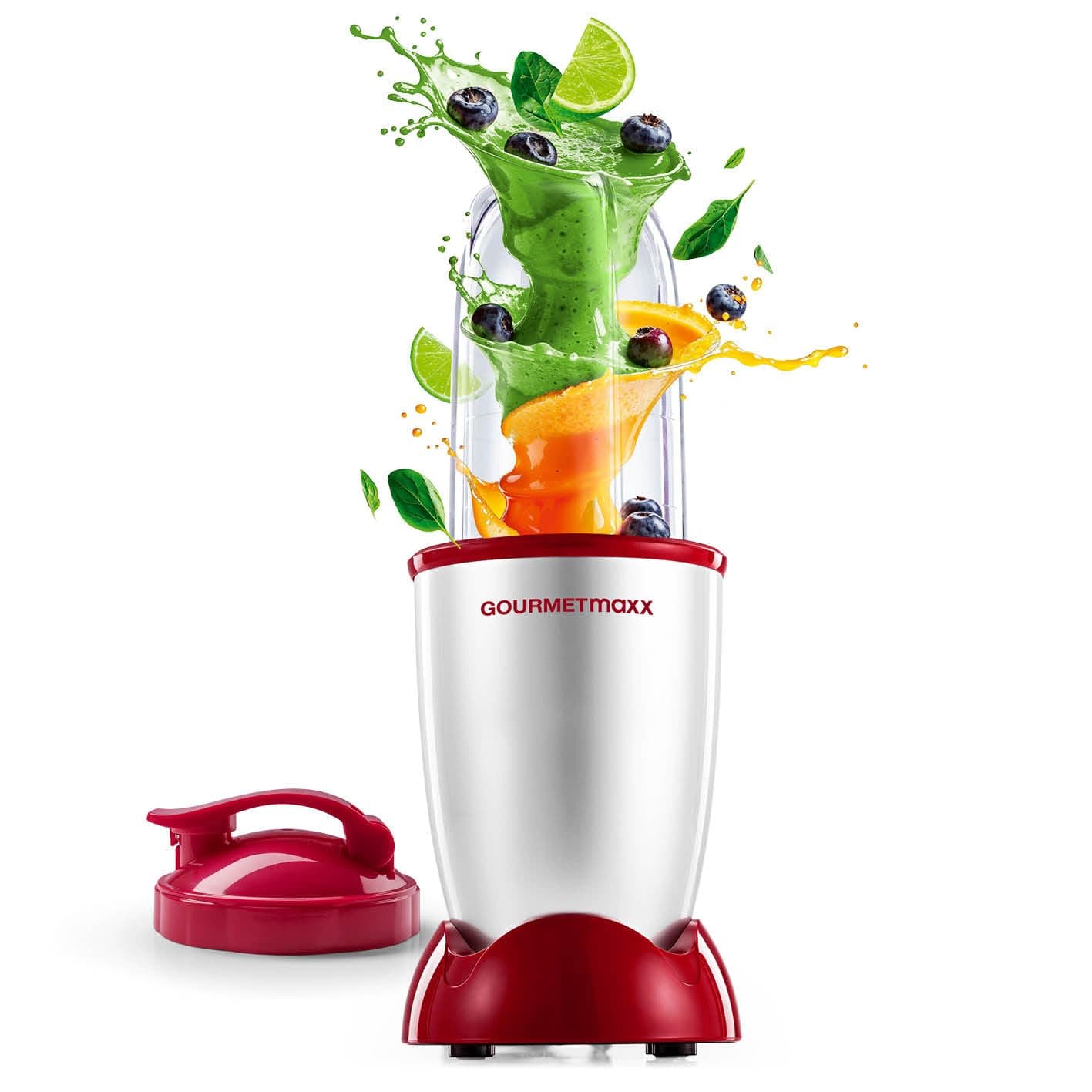 GOURMETmaxx Mixer Mr. Magic 4-tlg. | Smoothie Maker mit 400W Powerbase | inkl. Kreuzklingenaufsatz, 500ml Becher & To Go Deckel | Kompakter Standmixer für Shakes & mehr Angebot bei HelloDeals