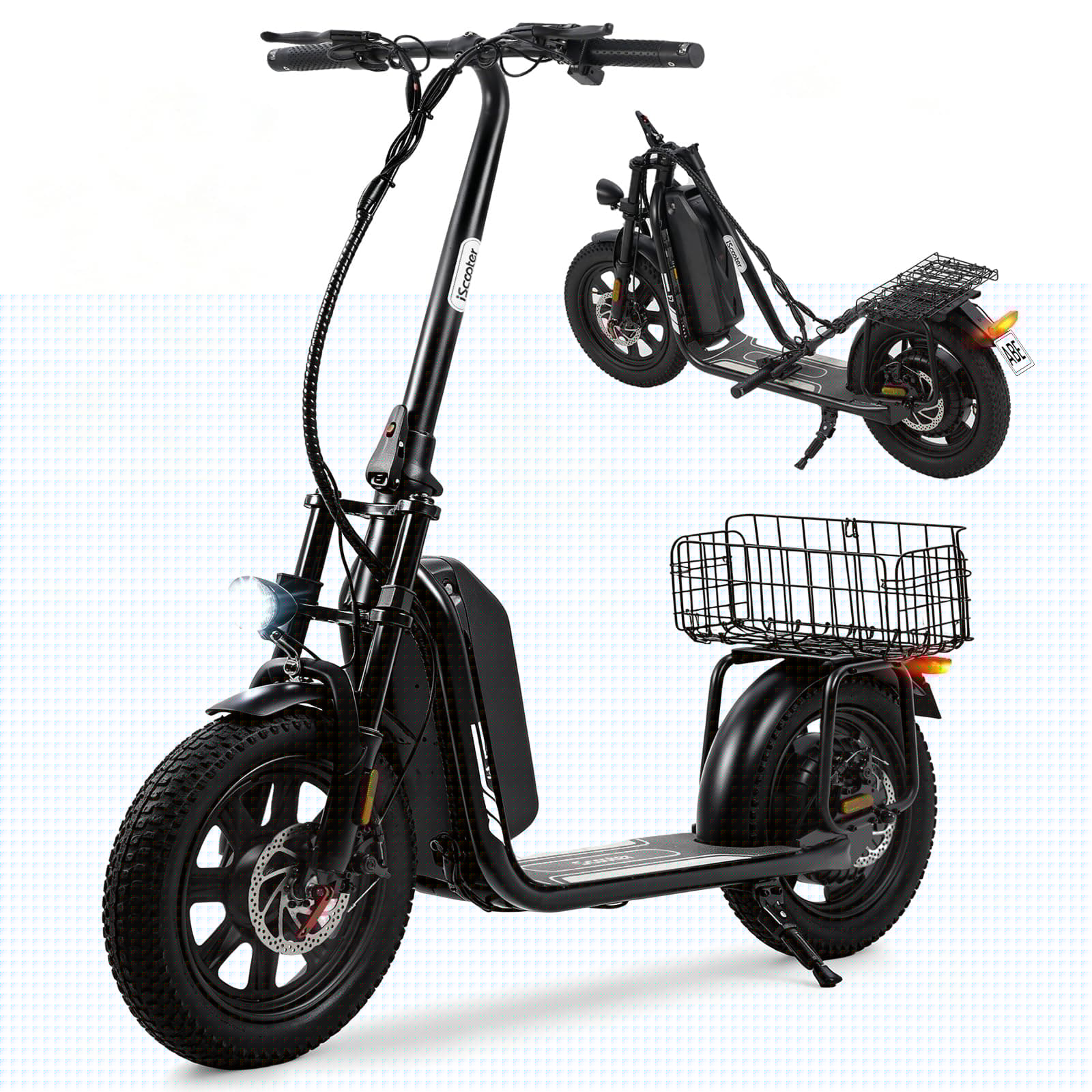 iScooter F7 E Scooter mit Straßenzulassung, 500W Motor, 20 km/h Höchstgeschwindigkeit und 100Km Max Reichweite, 16 × 3.0 Zoll Fat Tire E Roller mit Klapprad Korb und Lenker, Elektroroller mit App Glänzendes Schwarz Angebot bei HelloDeals