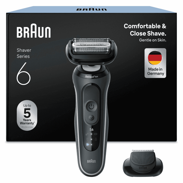 Braun Rasierer Herren Elektrisch Series 6, 62-G1200si, Grau | Kabelloser Elektrorasierer, Barttrimmer, 60 Min. Akku, Wasserdicht, Made in Germany, Inkl. 1 Präzisionstrimmer-Aufsatz mit Barttrimmer Angebot bei HelloDeals