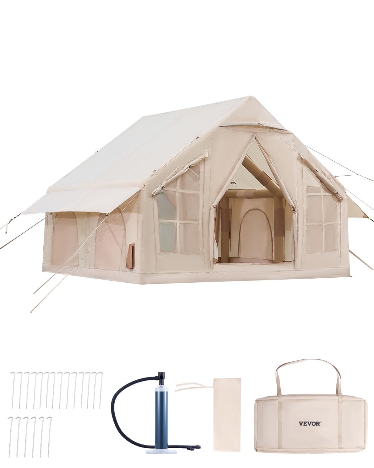 VEVOR Aufblasbare Zelte für Camping 3x3x2,3 m, 4–6 Personen, 300D Oxford 4-Jahreszeiten-Glamping-Zelt mit Handpumpe, Ofenanschluss, 2 Türen & 4 Netzfenstern, inkl. Aufbewahrungstasche für Transport Angebot bei HelloDeals