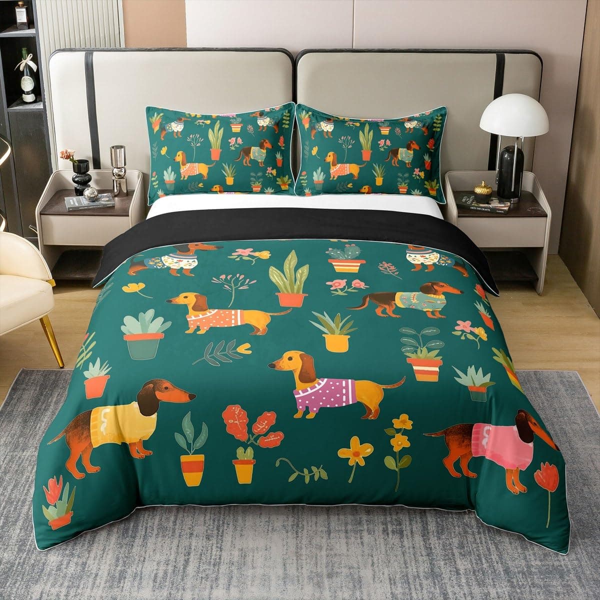 100% Baumwolle Grüner Dackel Bettbezug 135x200,Bunte Blumen Blume Tröster Abdeckung,Cartoon Wurst Hundebettwäsche Set,Garten Pastoral Bettbezug für Schlafzimmer Dekor,Weicher Komfort Grün Gelb 135*200+80*80*1 Angebot bei HelloDeals