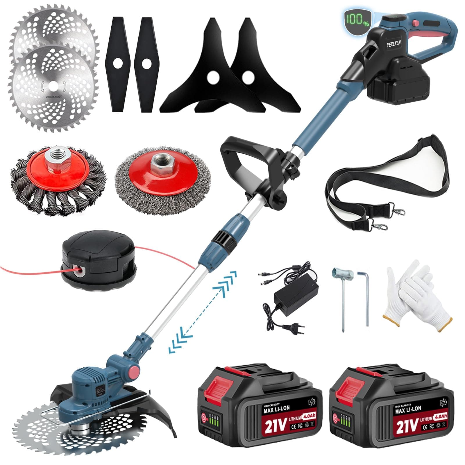 Rasentrimmer mit Akku, Akku Rasentrimmer für Makita-Akkus mit 5 Klingentypen, 21V Rasentrimmer mit Unkrautbürste, mit 2X4.0Ah Akku Freischneider, Tap&Go M10 x 1,25, für Garden Trimmen Blau Angebot bei HelloDeals