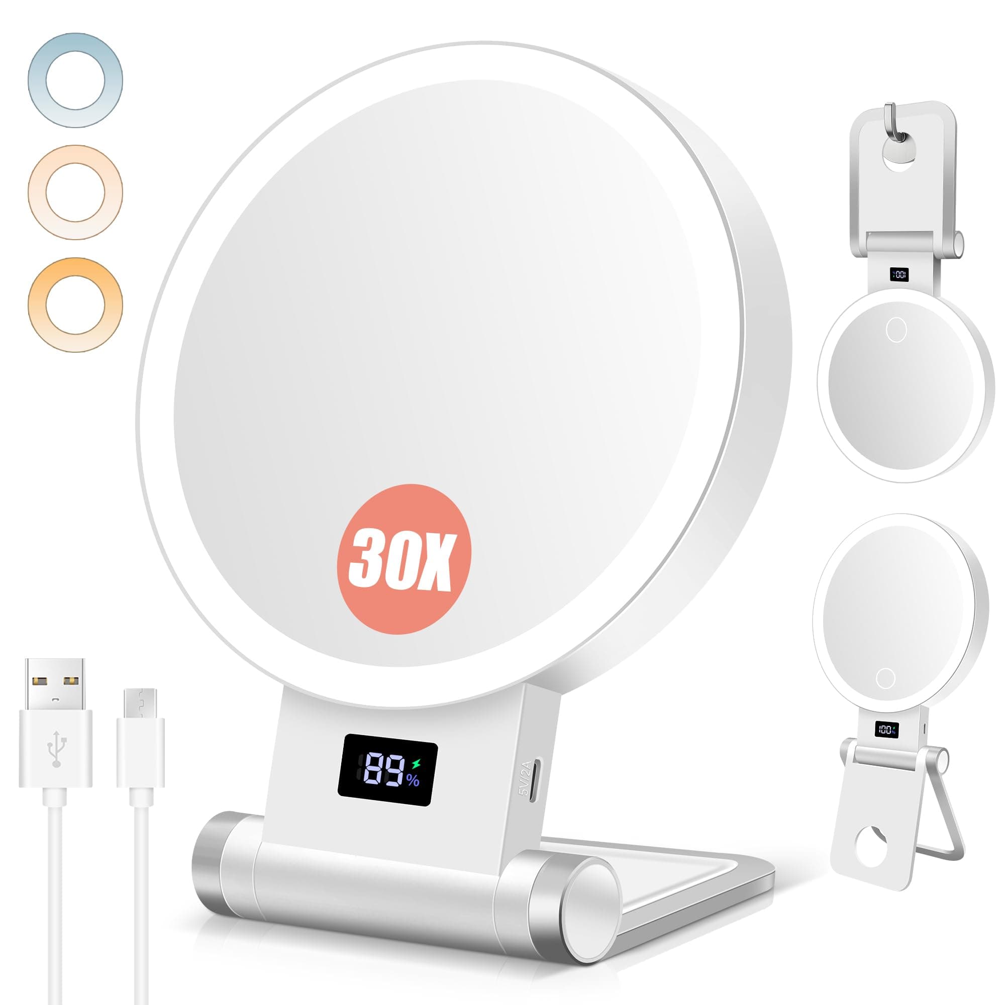 B Beauty Planet 30X/1X Kosmetikspiegel mit Vergrößerung, Erhöhter Ständer, Batterieanzeige, 2000mAh Akku, Doppelseitiger Tischspiegel, 3-Farben-Licht, Wand, Klappbar – Für Zuhause & Reisen Weiß (30x/1x) Angebot bei HelloDeals
