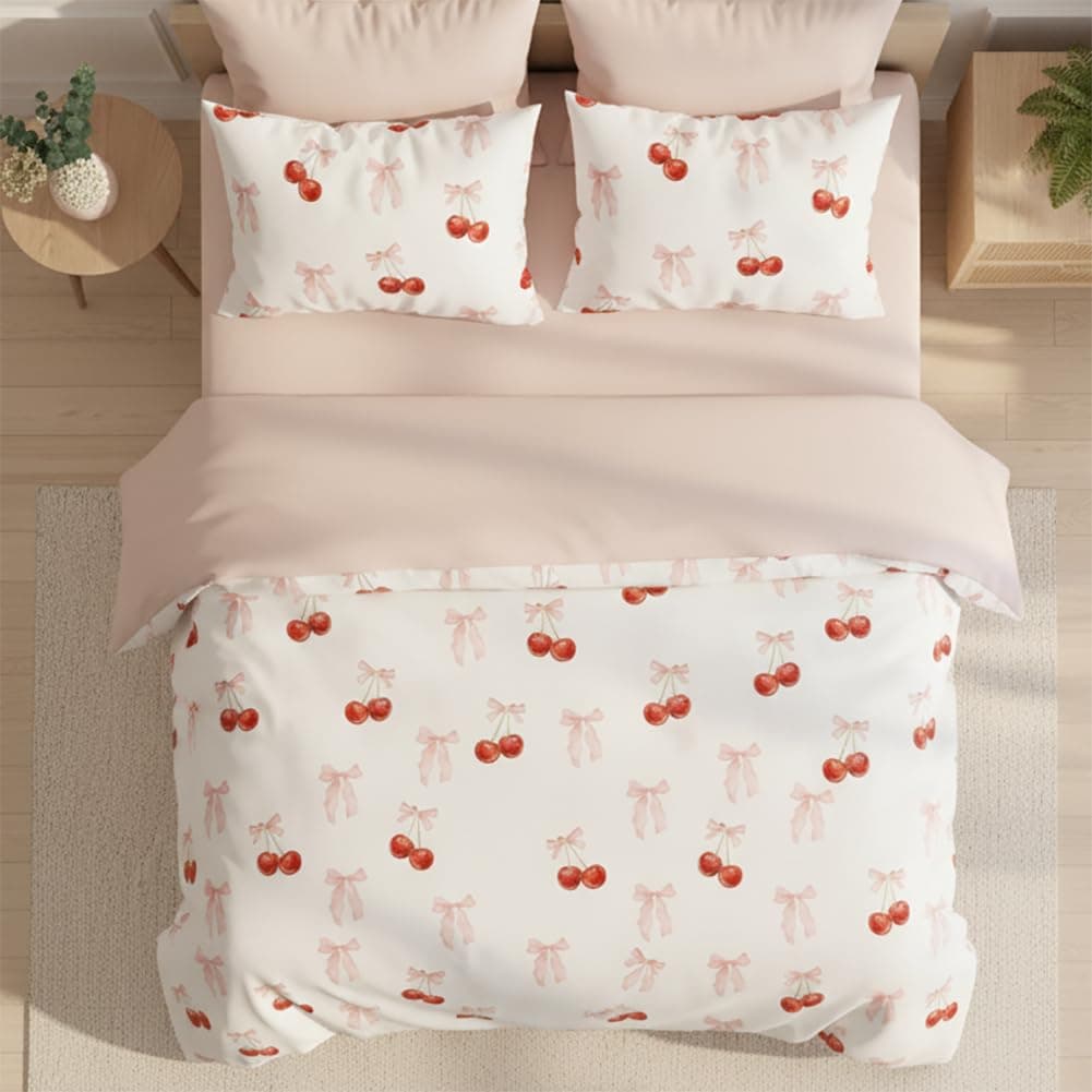 Bettwäsche 135x200 2tlg Schleifen Bettwäsche-Sets mit Kissenbezug 80x80 cm | ÖKO-TEX, Microfaser, Bettbezug, für Mädchen Kinder, Weiß Rosa, Wendebettwäsche, Schleifenmuster, Reißverschluss 01 Schleifen & Rot Kirschen 135x200+80x80cm Angebot bei HelloDeals