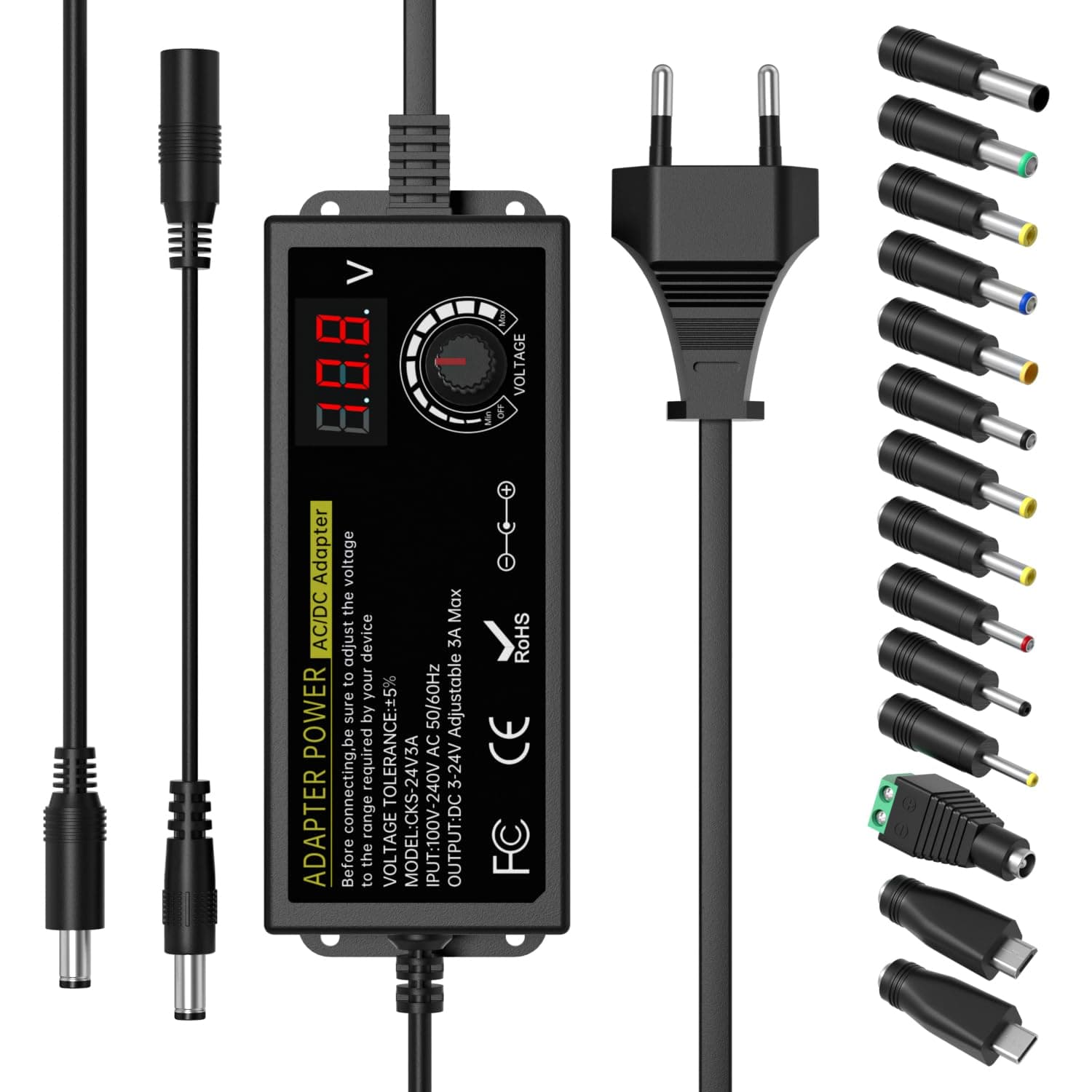 24V 3A 72W Universal Netzteil, AC to DC 3V-24V Adapter Verstellbarer Netzadapter mit LED Spannungsanzeige und 14 Spitzen, inkl Micro-USB Stecker, für 3V-24V Haushaltselektronik, DC Motor, 3000mA Max Angebot bei HelloDeals