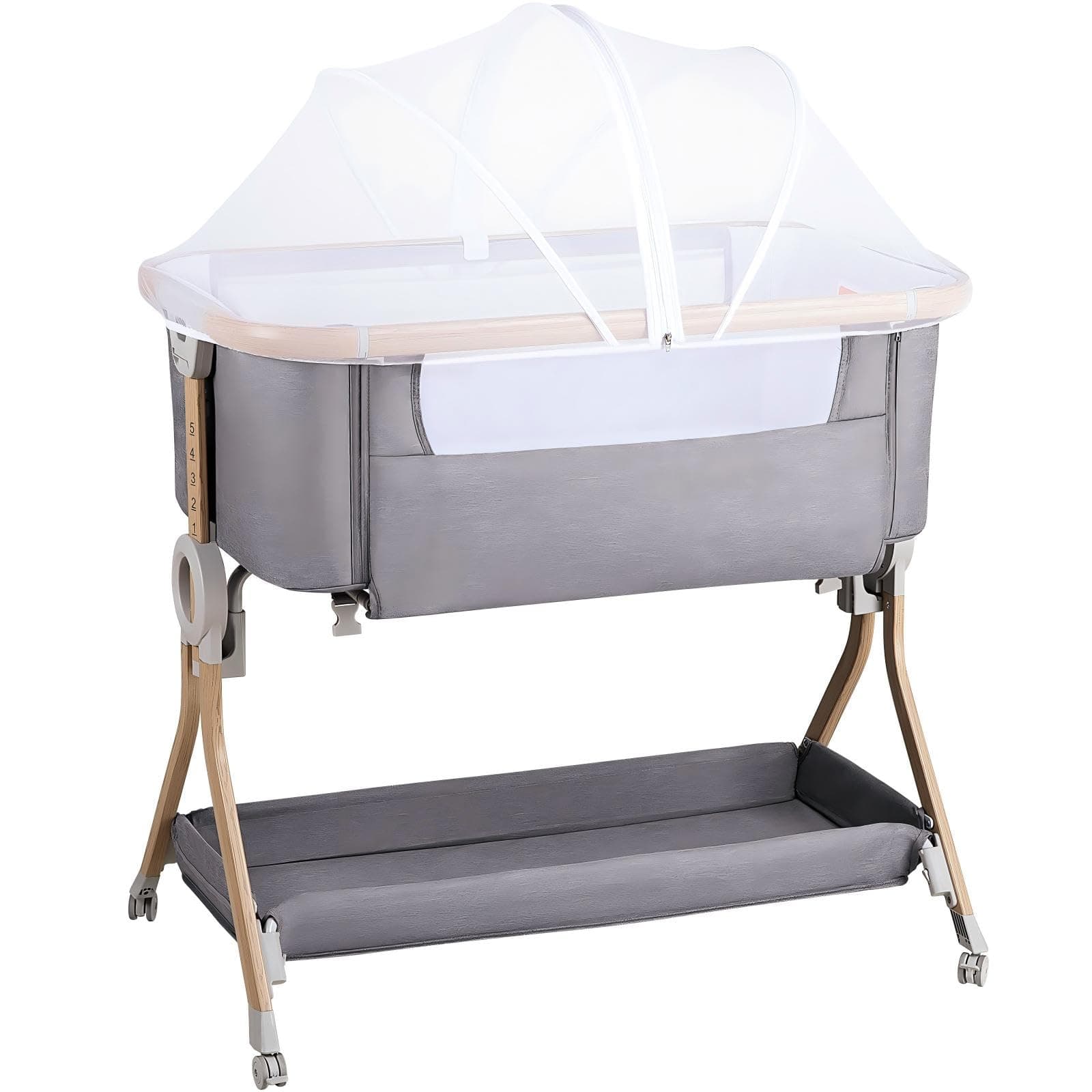 Larex Beistellbett Baby,3 in 1 Babybett mit Moskitonetz,Aufbewahrungstasche & Korb,5-stufig Höhenverstellbares Babybett,4 Räder mit Bremse,atmungsfreundliche Matratze & Mesh (Dunkelgrau) Angebot bei HelloDeals