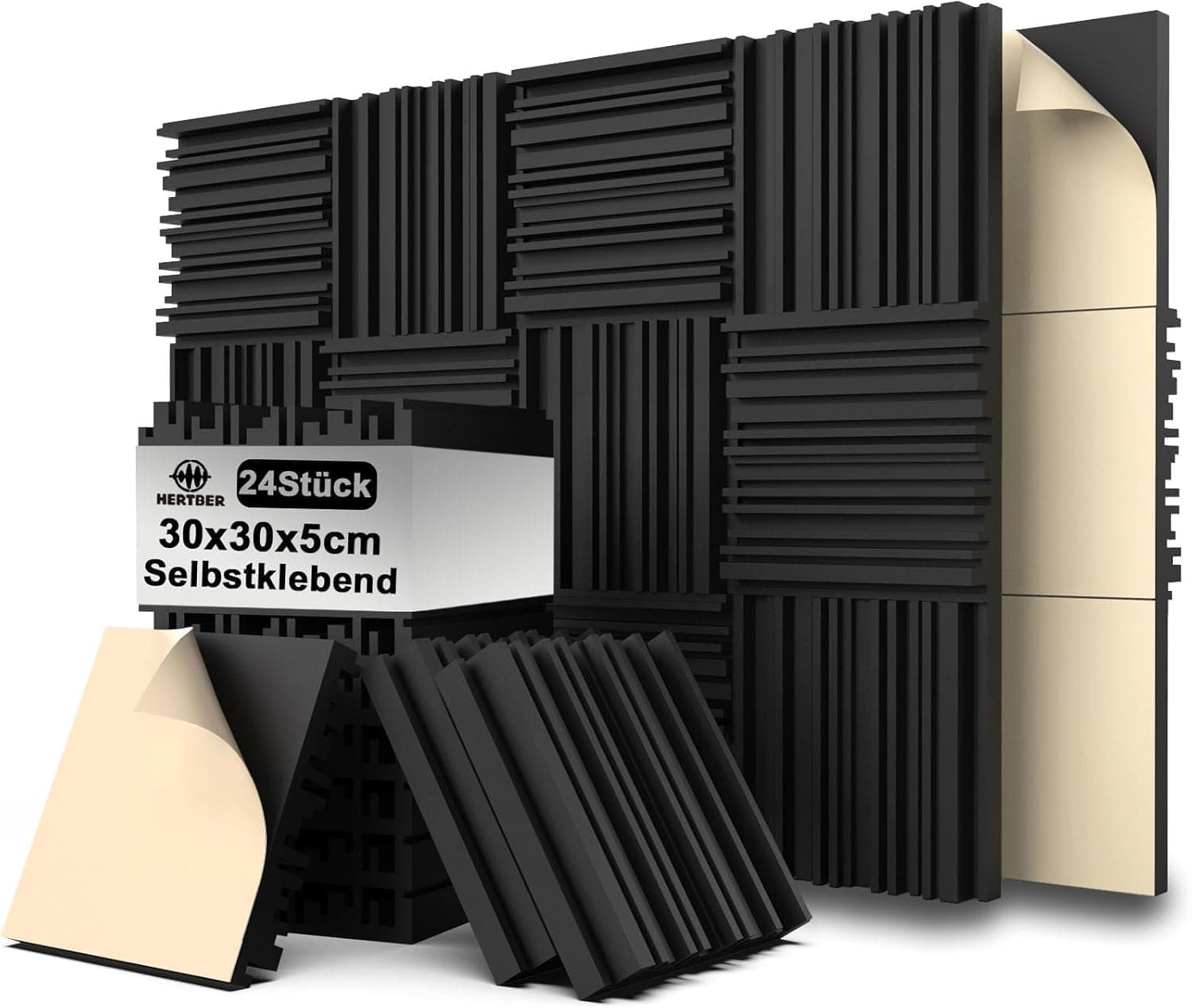 24 Stück Akustikschaumstoff Selbstklebend, Schwarz Gerillte Akustikpaneele 30 x 30 x 5 cm, Hohe Dichte Wandpaneele für Schalldämmung, Schallschutzplatten für Gaming Zimmer und Büro Angebot bei HelloDeals