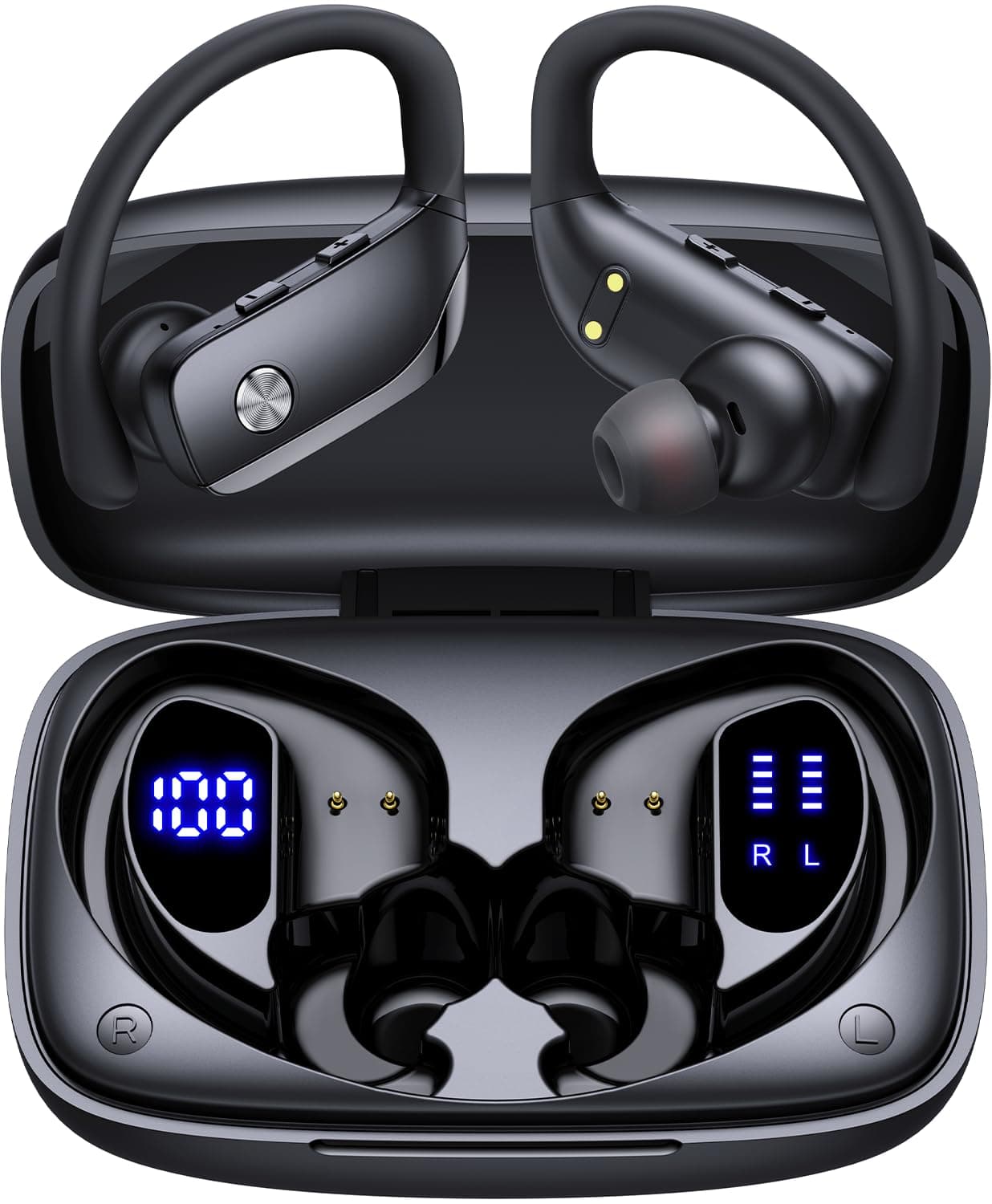 Bluetooth Kopfhörer Sport, In Ear Kabellose Earbuds mit 80h Wiedergabe, Dual LED-Anzeige, Über Ohr-Haken mit Mic, Stereo Klang, Einfache Tastensteuerung, Sport Kopfhörer für joggen, Workout Fitness Obsidian Black Angebot bei HelloDeals