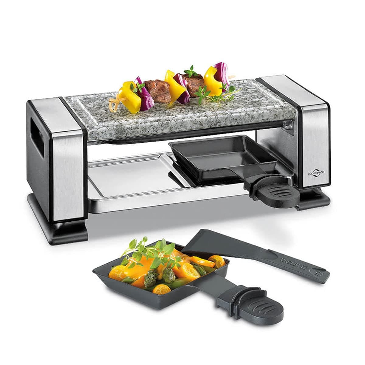 Küchenprofi 1760002800 Raclette VISTA2, Edelstahl, Silber | Kompakter Tischgrill für zwei Personen, 2 antihaftbeschichtete Pfännchen, 2 Schaber, Marmorgrillplatte, 350 Watt Marmor 2 Personen Angebot bei HelloDeals