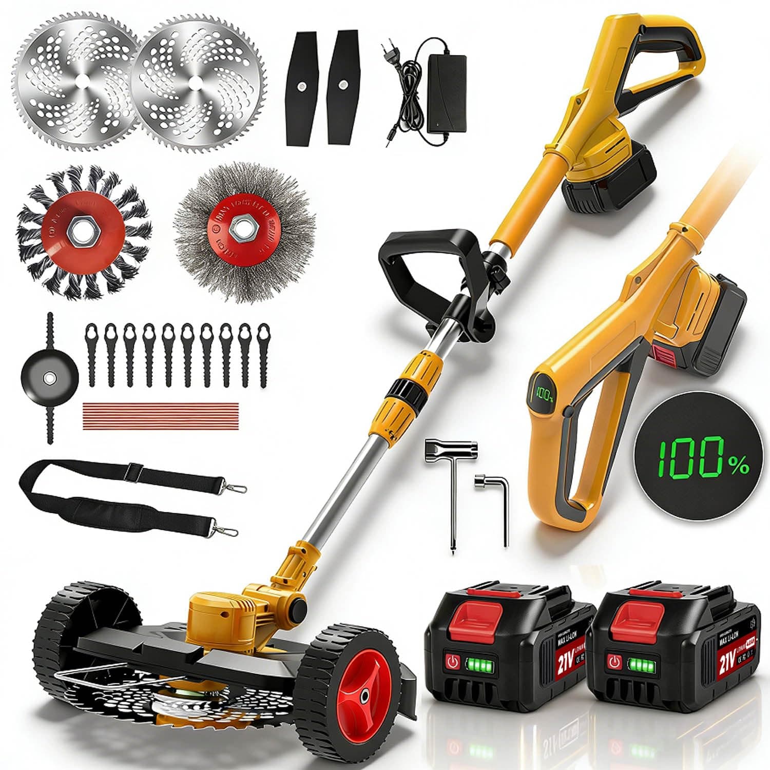 Rasentrimmer mit Akku und Unkrautbürste, Akku Rasentrimmer für Makita-Akkus mit 4 Klingentypen und 2 x 4.0Ah Bürstenlose Freischneider Akku für Garden Trimmen (Gelb) Angebot bei HelloDeals
