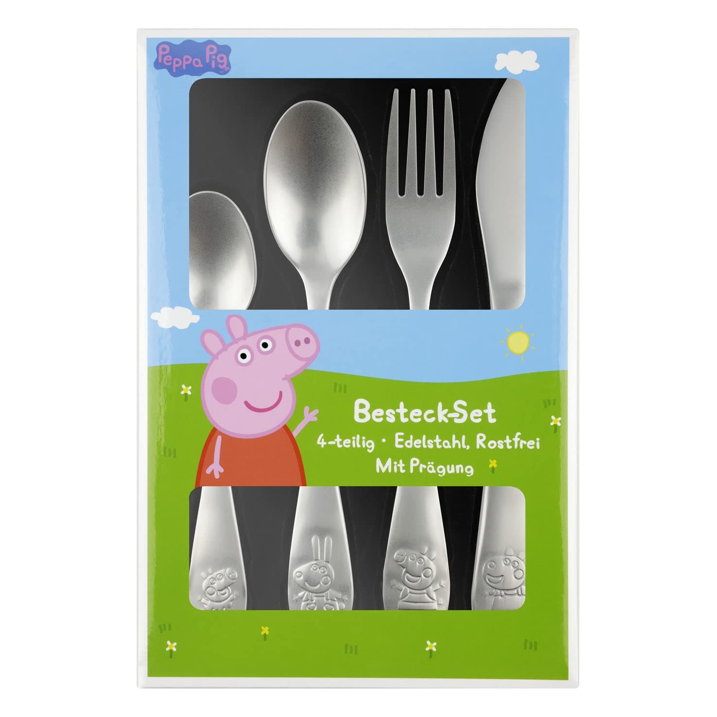 Peppa Wutz Kinderbesteck Set 4-teilig - Edelstahl rostfrei mit Messer, Gabel, Suppenlöffel und Dessertlöffel - geprägtes Peppa Motiv, silber - Kinder Besteck, Esslern-Besteck Angebot bei HelloDeals