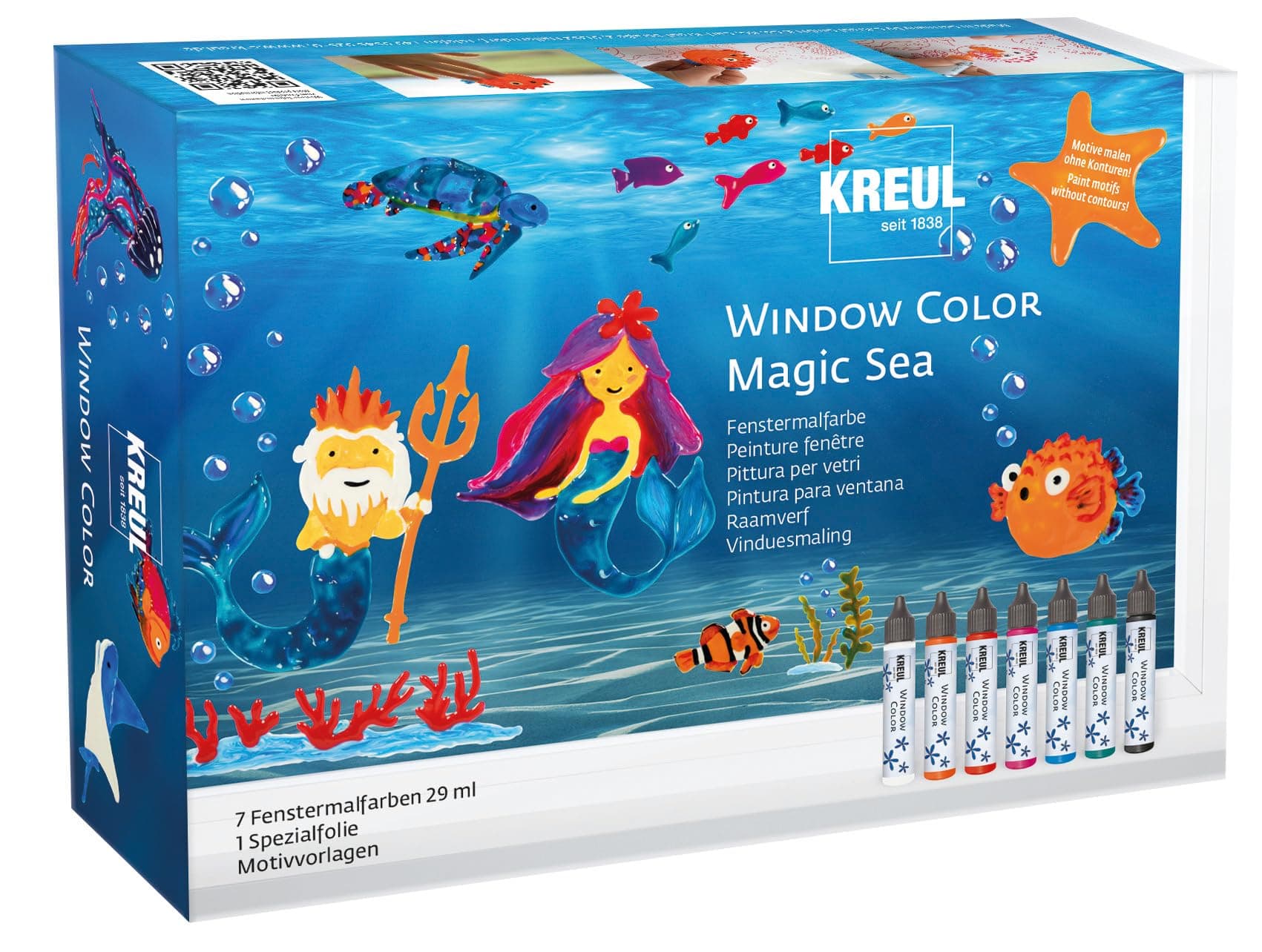 KREUL 42940 - Window Color Set Magic Sea für Kinder, 7 x 29 ml Fenstermalfarben, Komplettset mit brillanten Farben im Pen und Motivvorlagen Angebot bei HelloDeals