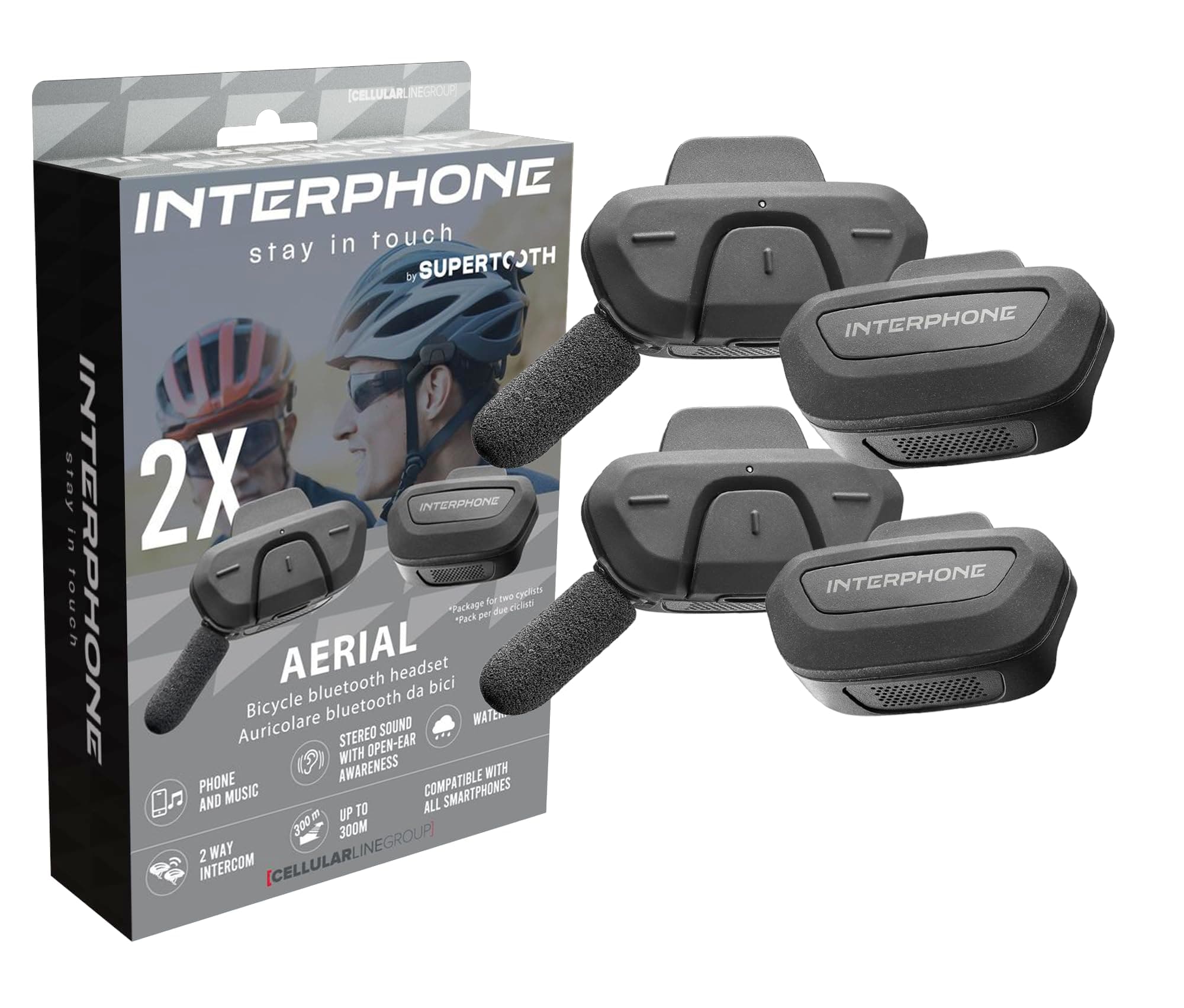 INTERPHONE Aerial Dual-Fahrrad-Gegensprechanlage für die Kommunikation zwischen 2 Fahrern bis zu 300 m, Gegensprechanlage für Fahrradhelm mit Bluetooth für GPS, Musik und Anrufe, wasserdicht und mit Double Angebot bei HelloDeals
