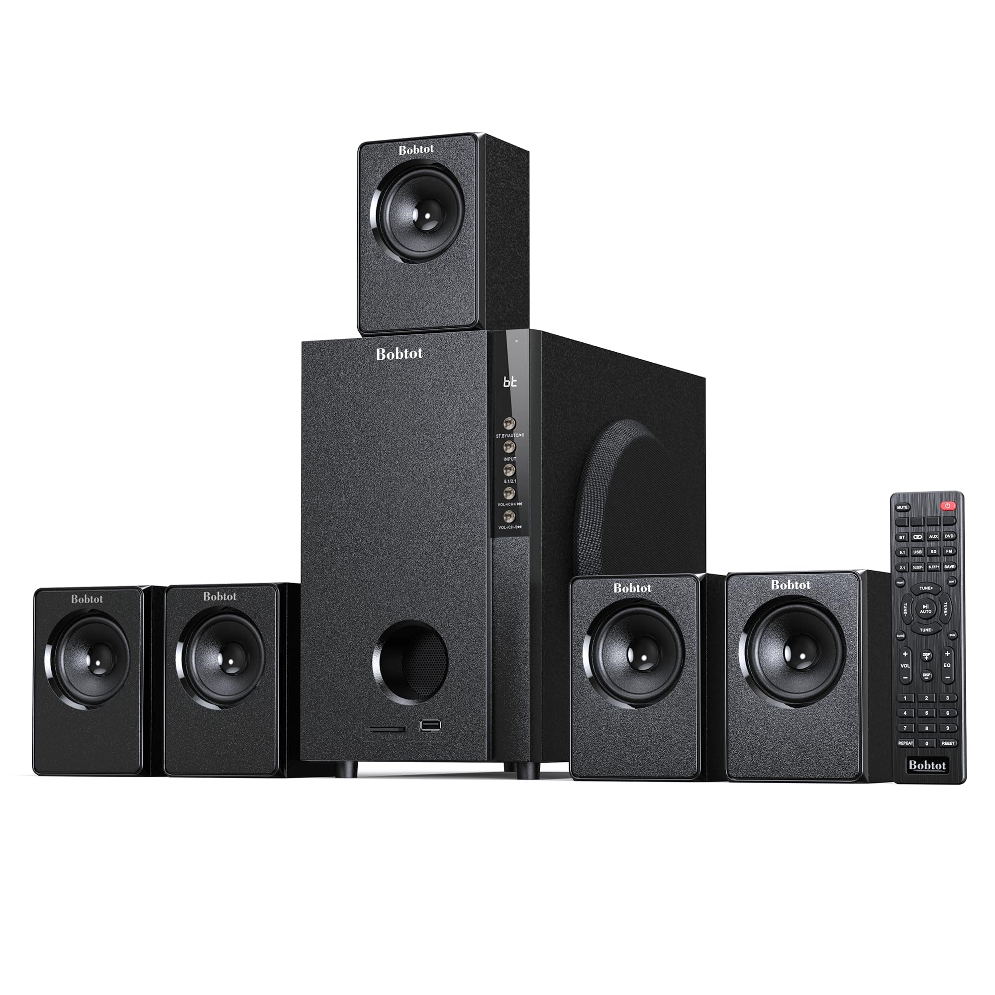 Bobtot 5.1 heimkino Soundsystem mit 600 Watt Spitzenleistung | 5,25 Zoll Subwoofer, 5.1 Surround Sound System heimkino Lautsprecher mit FM-Radio, Bluetooth, AUX, DVD Angebot bei HelloDeals