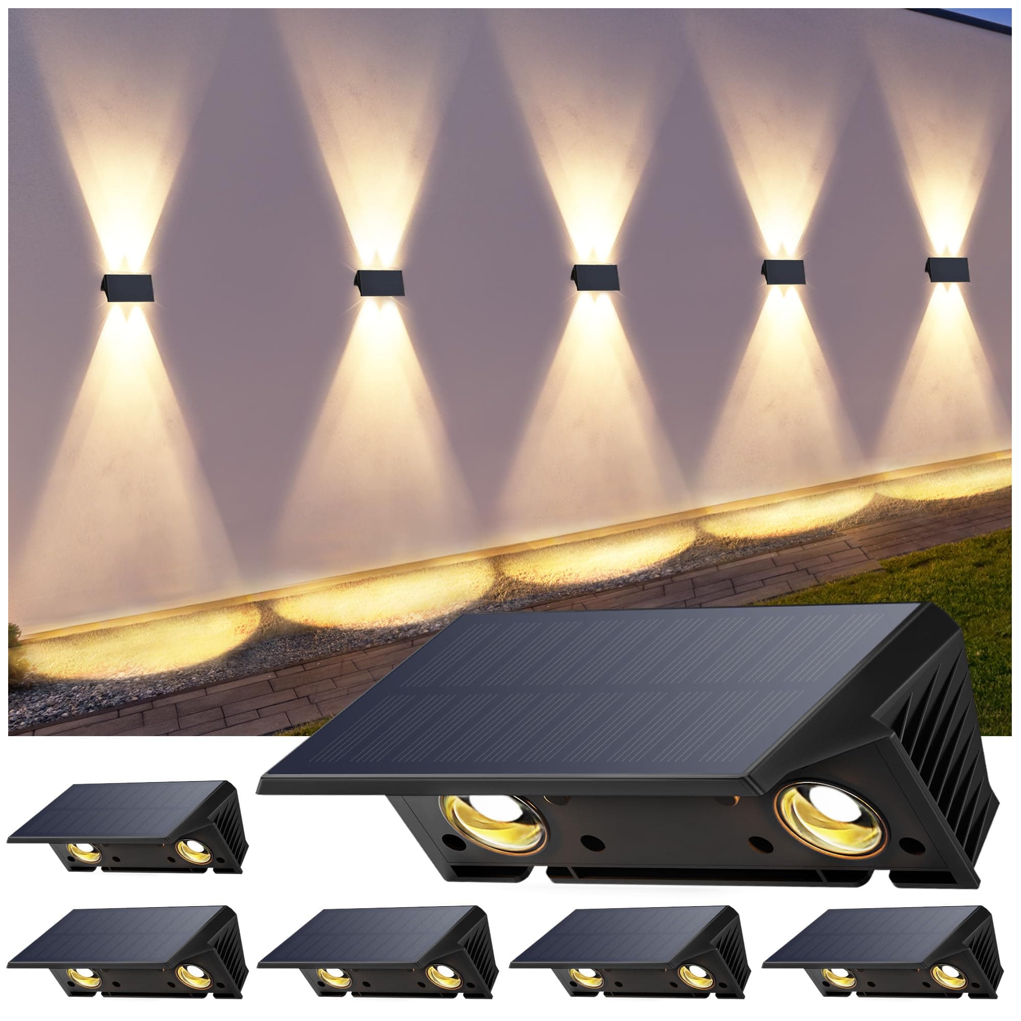 Solar Wandleuchte Aussen, Solarlampen für Außen Nach Oben und Unten Beleuchtet, 4 LEDs, Wasserdichte Außenwandleuchten für Garten Balkon Terrasse Treppen solarleuchte Warmweiß 6er Angebot bei HelloDeals