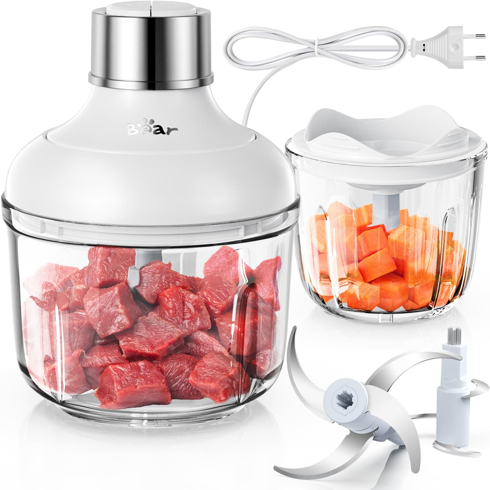 Bear 0.6L+2L Zerkleinerer Glas, 2 Geschwindigkeitsstufen, Häcksler mit 4-Edelstahlklingen und Fleischwolf, Glasbehälter Zerkleinerer für Fleisch,Babynahrung,Obst,Gemüse,Elektrisch Mini chopper Weiß Angebot bei HelloDeals