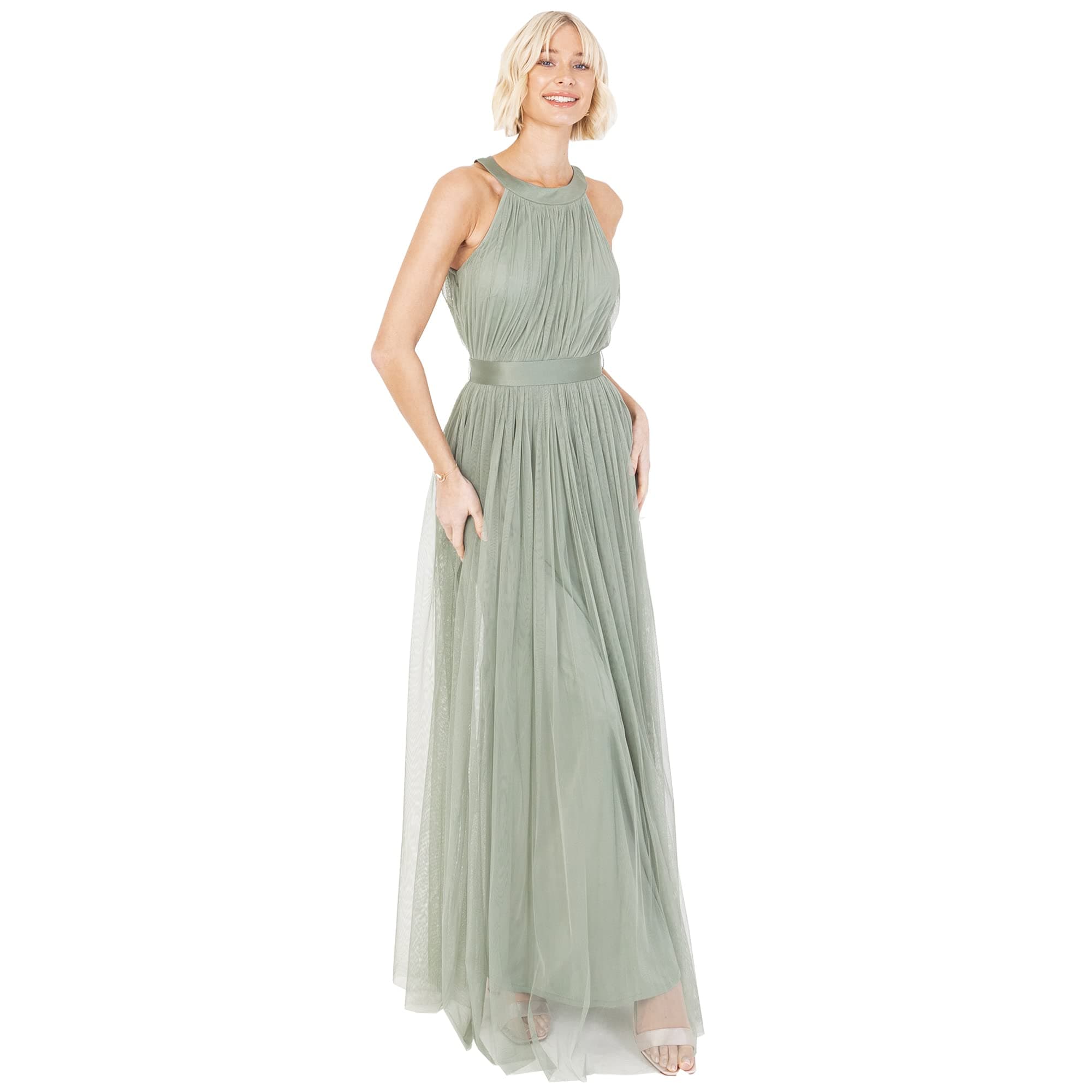 Ladies Maxi Dress for Women Halter Neck Long Sleeveless with Belt A Line Evening Gown Ball Prom Wedding Guest Bridesmaid 38 Forest Green Angebot bei HelloDeals