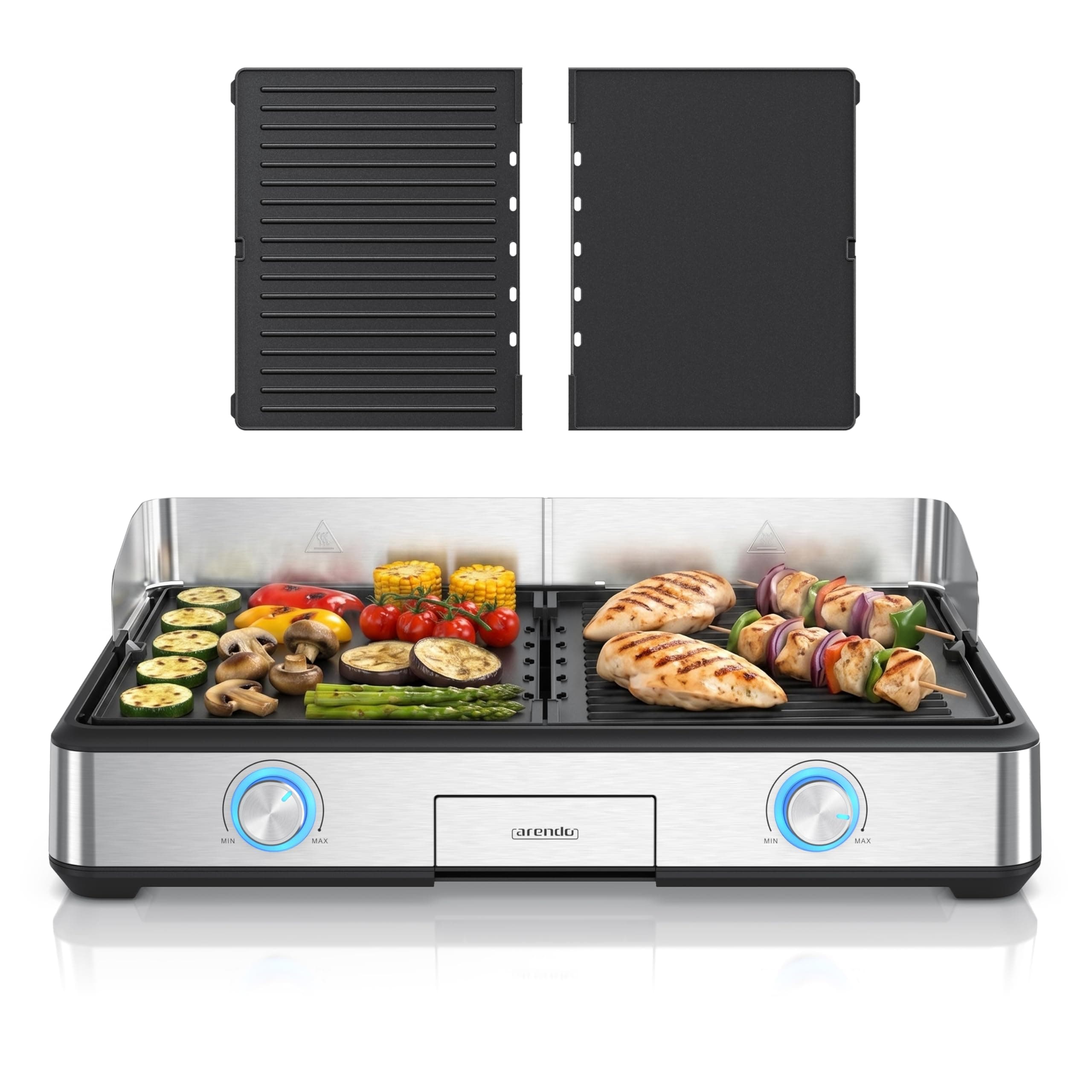 Arendo - Tischgrill elektrisch mit 2 Grillzonen - Electric grill 2 Thermostate - Elektrogrill Edelstahl – 2800W Leistung – Antihaft-Beschichtung –Spritzschutz – Für Balkon Küche Terrasse Garten B: 2 Grillzonen Angebot bei HelloDeals