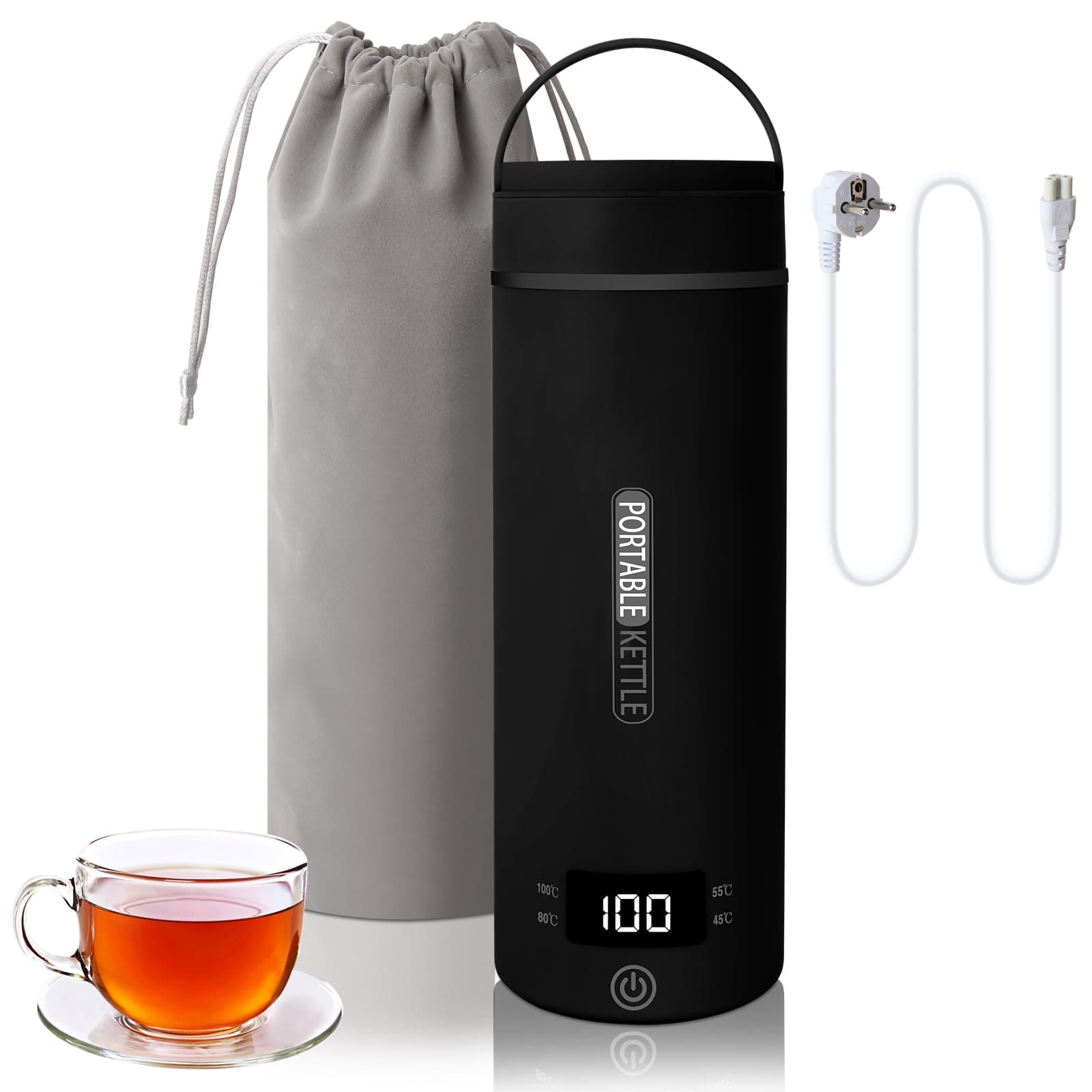 Reise Wasserkocher Klein Elektrische, 300W Tragbarer Wasserkocher Mini Wassertasse Edelstahl 316, Heizung Automatisch Abschalten,mit Umkehrbarem Deckel für Tee (Schwarz, 400ML) Angebot bei HelloDeals