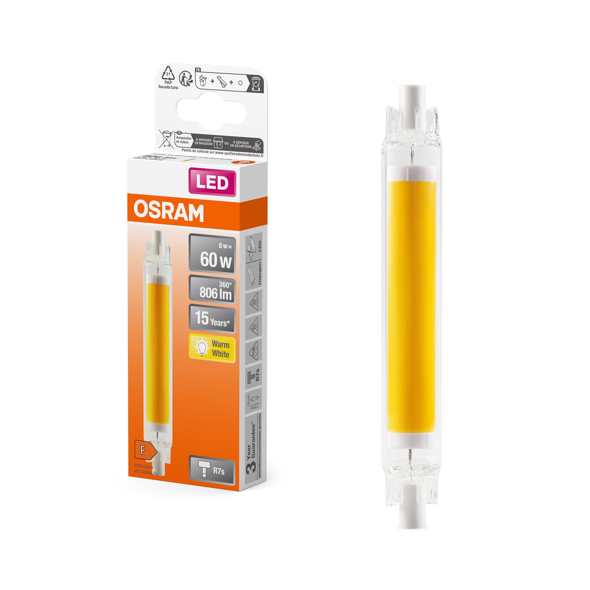 Osram LED Slim Line schlanke multicolor LED-Lampe mit R7s-Retrofit-Sockel, 8 W / 806 lm, klar, warmweißes Licht mit 2700 K, nicht-dimmbar, IP20, bleifreies Glas, 16 mm Durchmesser. Weiß 1er-Pack 60W-Ersatz 118mm Angebot bei HelloDeals