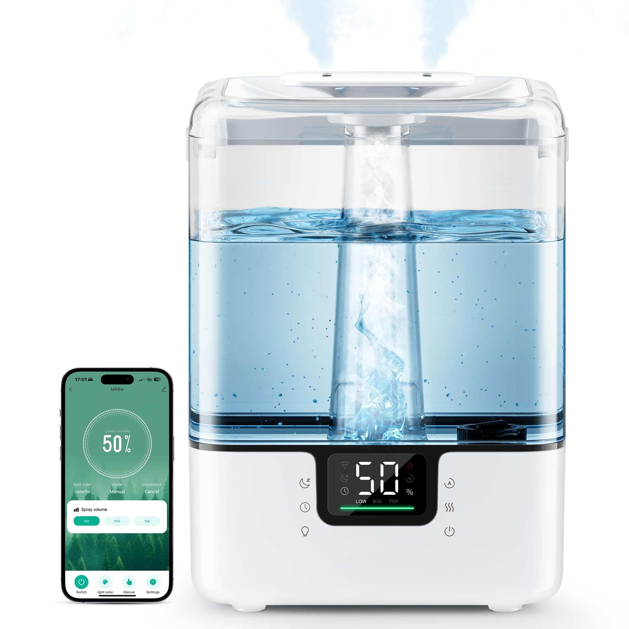 MERONTE Smart-Luftbefeuchter,Intelligente App und Sprachsteuerung,6 l, Weiß | Für Schlafzimmer, großes Zimmer, Zuhause, Luftbefeuchter mit Diffusor für ätherische Öle, für Kinderzimmer und Pflanzen Angebot bei HelloDeals