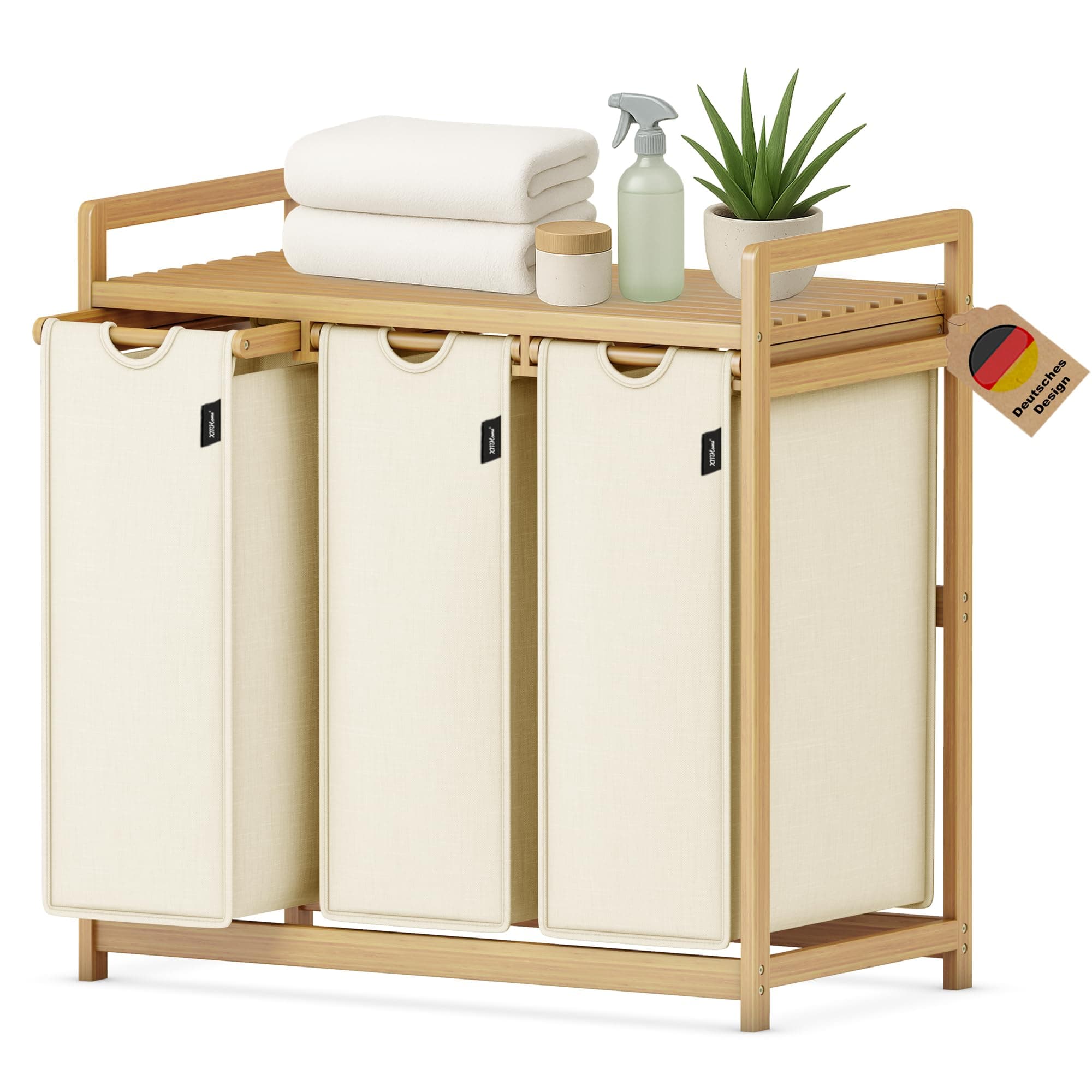 Wäschesammler 3 fächer,148L Wäschekorb mit Ablage,Bambusrahmen | Wäschesortierer 3 x 49.3L,ausziehbar abnehmbar,Ablage bis 45 kg,Farbe Beige Beige0617 Angebot bei HelloDeals