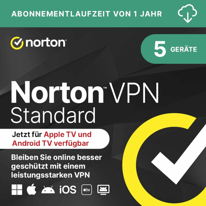 Norton VPN Standard | 5 Geräte | 1-Jahres-Abonnement | Aktivierungscode per Email Aktivierungscode - per E-Mail gesendet Standard 5 Devices Angebot bei HelloDeals